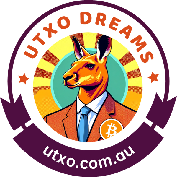 Illustration of a kangaroo in a business suit against a colorful circular background, featuring a sunburst pattern. The kangaroo has a Bitcoin logo on its lapel. The text "UTXO DREAMS" arches above, with stars on either side, and "utxo.com.au" below on a purple ribbon.