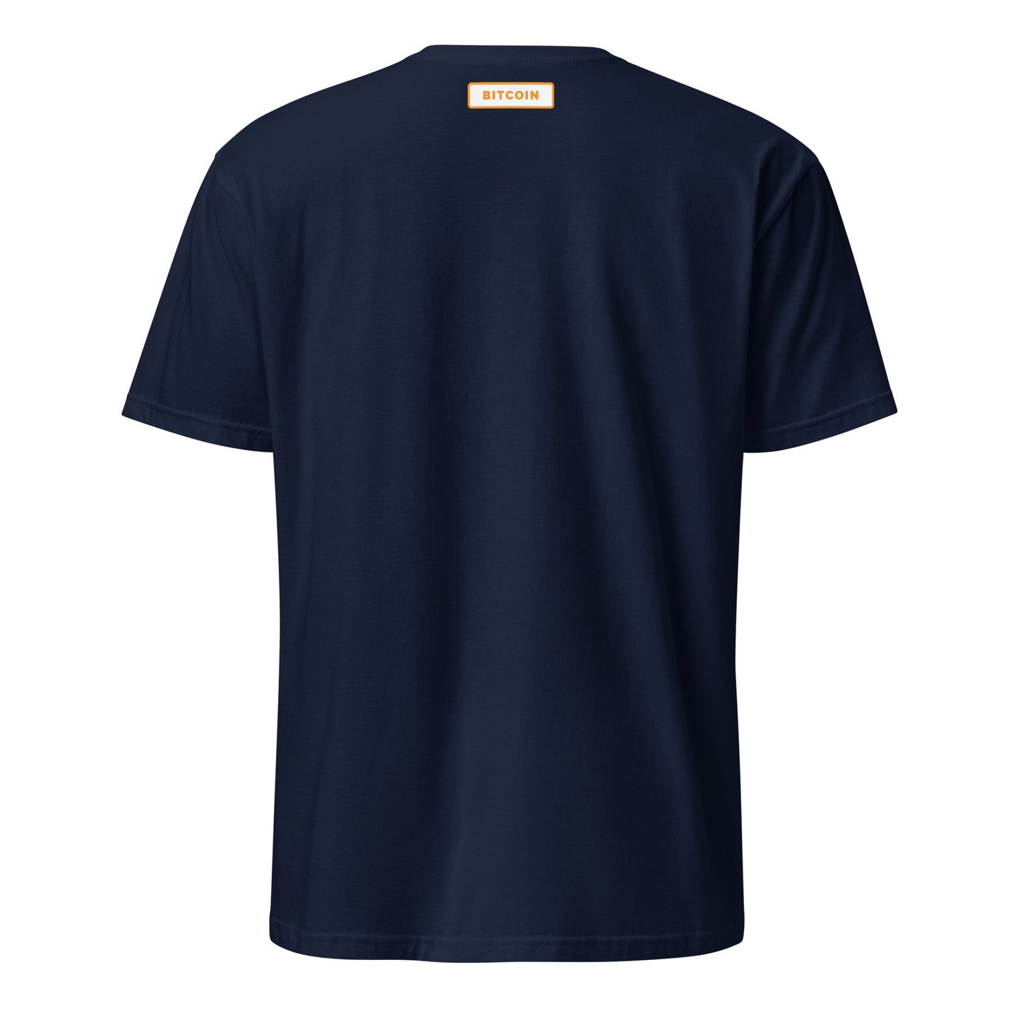 The back view of the Bitcoin Australia T-Shirt features a simple black design with short sleeves. Below the neckline, there's a small rectangular label displaying "BITCOIN" in orange capital letters on a white background. This trendy tee is ideal for strolling around Sydney or Brisbane, highlighting your contemporary style.