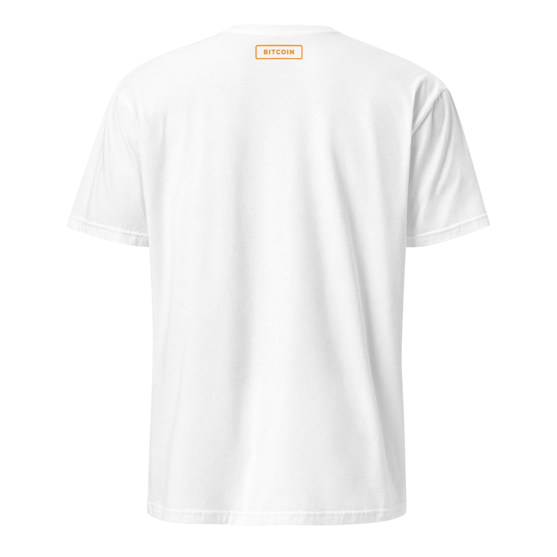 The Bitcoin Australia T-Shirt is shown from the back, highlighting a small rectangular label beneath the collar with "BITCOIN" in bold orange letters on a white background. Inspired by trendy styles from Sydney and Brisbane, this shirt features short sleeves and a clean, casual design.