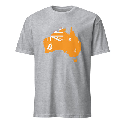 The Bitcoin Australia T-Shirt features an orange map of Australia with Bitcoin symbols on a gray background, complemented by a partially visible pattern resembling the Australian flag that embodies the vibrant spirit of cities like Sydney and Melbourne.