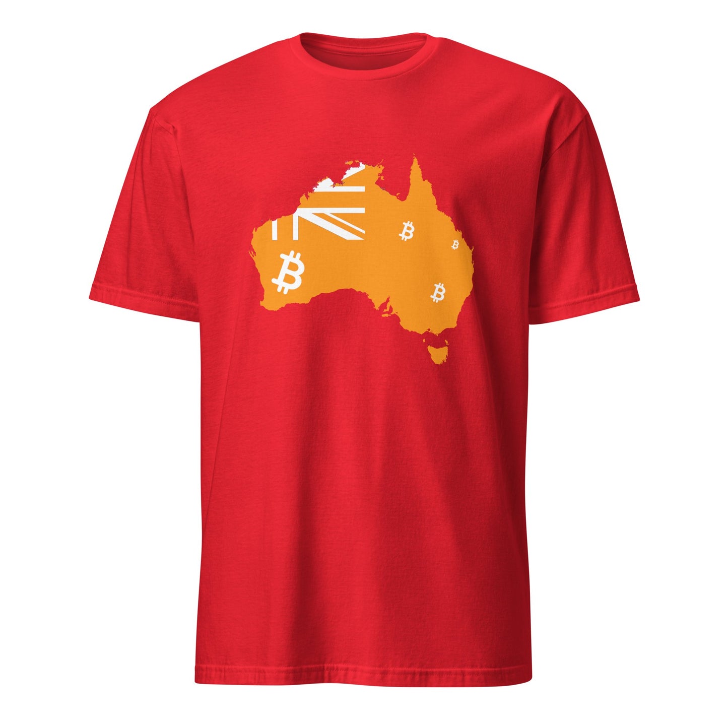 The Bitcoin Australia T-Shirt is a vibrant red and showcases a striking orange outline of the Australian continent. The map is intricately detailed with small white Bitcoin symbols and highlights of the Australian flag in the upper left corner, seamlessly blending national imagery reminiscent of the lively urban landscapes found in cities such as Sydney and Melbourne.