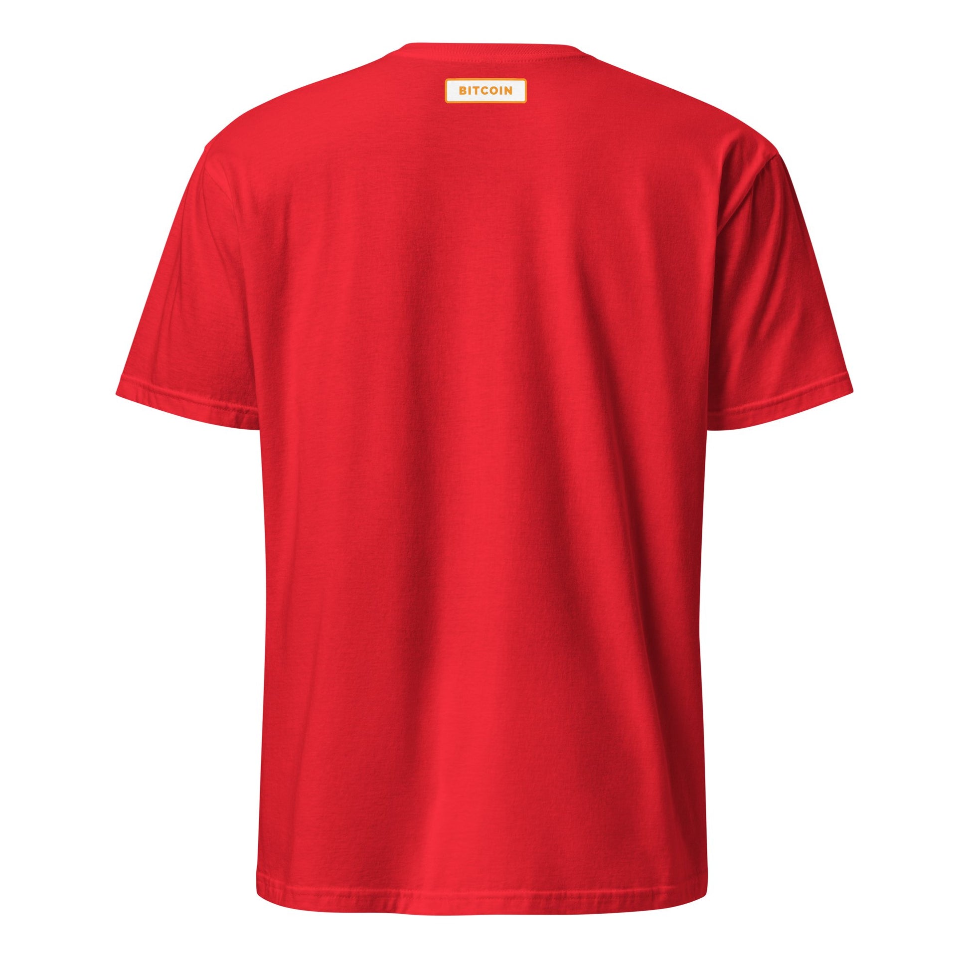 A plain red Bitcoin Australia T-Shirt is shown from the back, with a small yellow rectangular label near the collar displaying "BITCOIN" in bold black letters. The short-sleeve shirt, with its simple design, is perfect for casual wear and ideal for a leisurely stroll through Sydney or Brisbane.