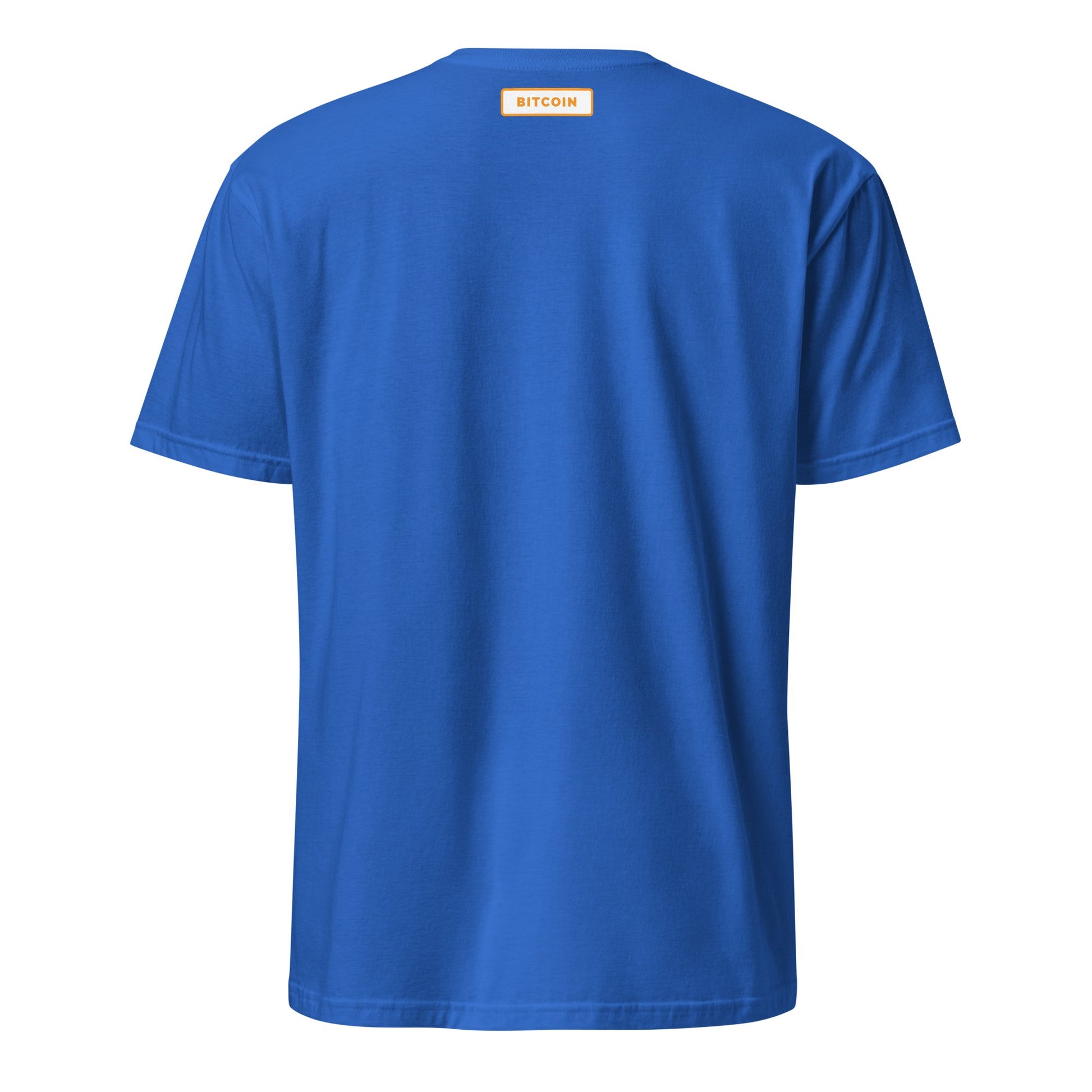 The Bitcoin Australia T-Shirt is displayed from the back, showcasing a simple design with "Bitcoin" printed in orange on a small label by the neckline. This bright blue shirt has short sleeves and appears soft and comfortable, making it ideal for walking around Brisbane or soaking up the sun in Queensland.