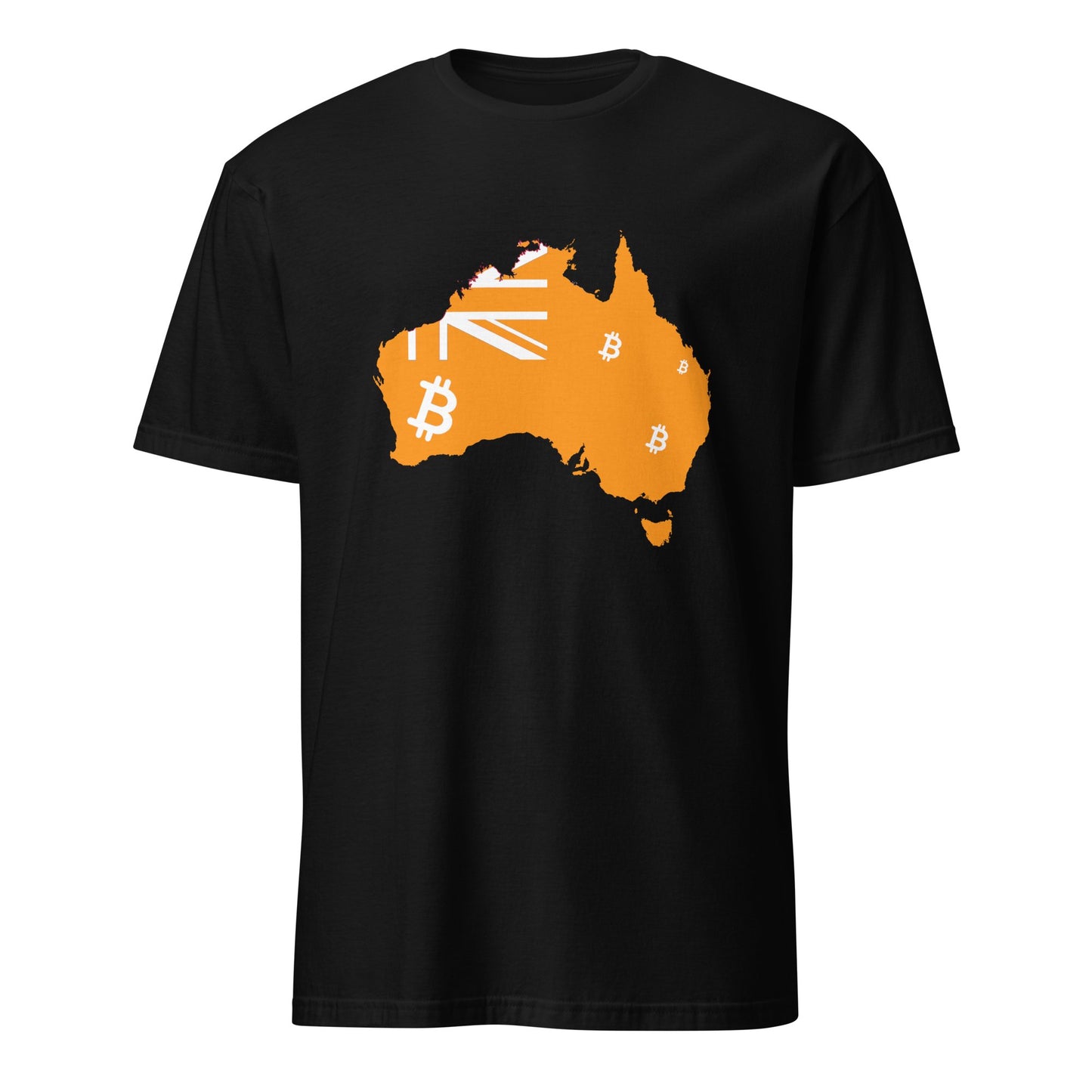 The Bitcoin Australia T-Shirt showcases a black design that artfully displays an orange outline of Australia filled with Bitcoin symbols and elements of the Australian flag, creatively integrating cryptocurrency imagery with a map of Australia and highlighting cities such as Sydney and Melbourne.