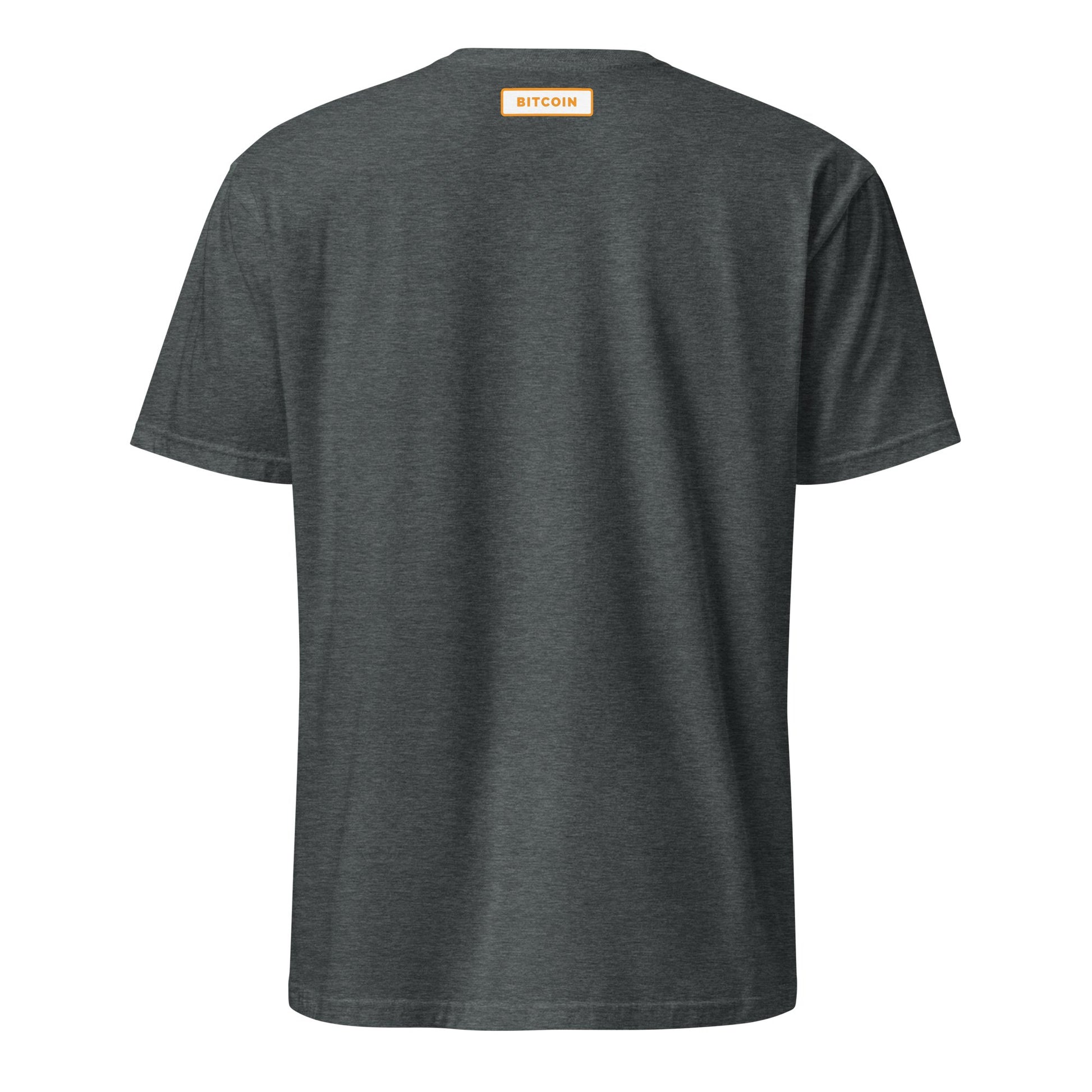 A dark gray Bitcoin Australia T-Shirt is shown from the back. Close to the neckline, a small rectangular orange label displays "BITCOIN" in bold white letters. With its simple design and short sleeves, this shirt is ideal for casual outings in Brisbane or Melbourne, appealing to Bitcoin enthusiasts throughout Australia.