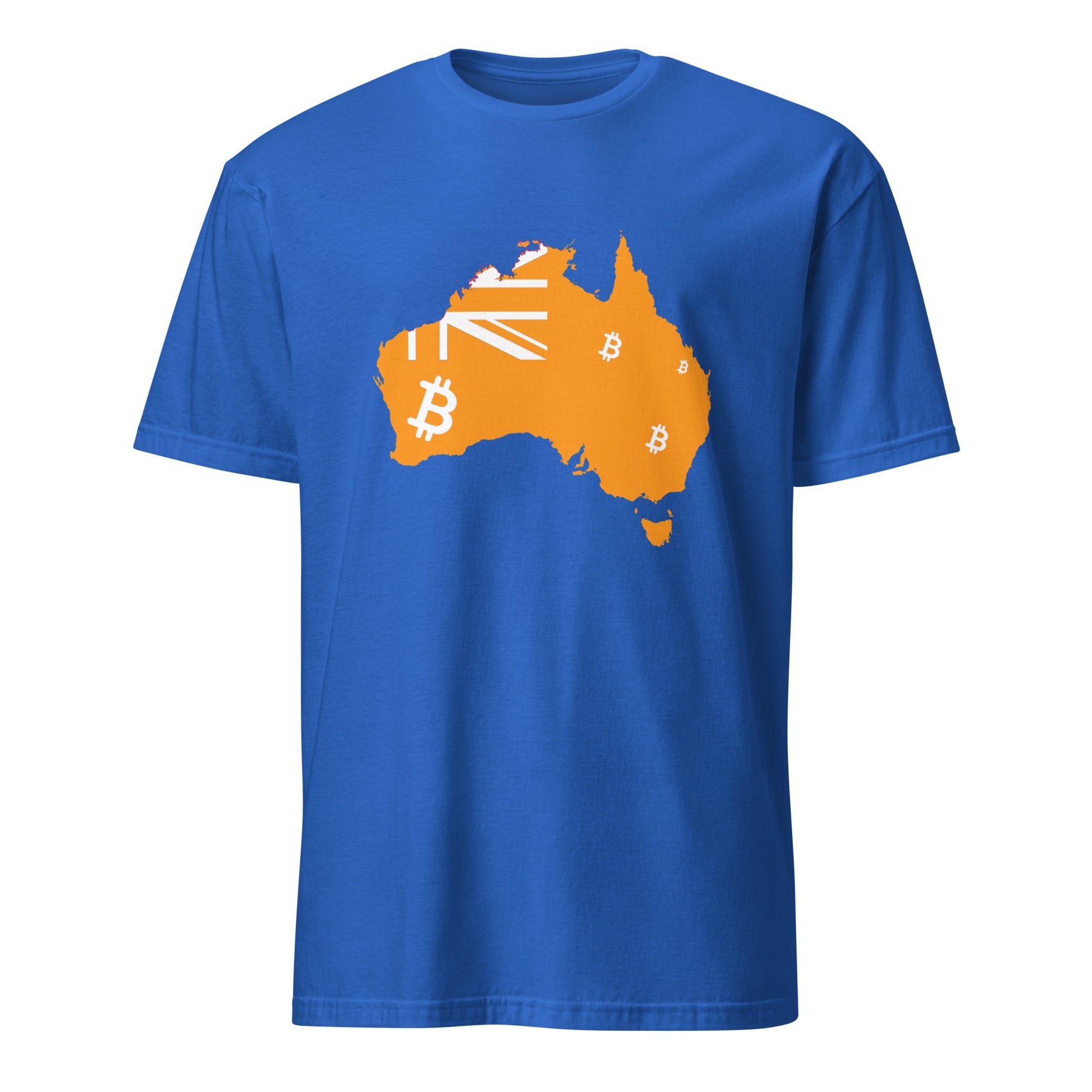 Presenting the Bitcoin Australia T-Shirt: A blue tee adorned with an orange map of Australia. The design includes striking white and orange details, featuring a Union Jack in the top left corner and Bitcoin symbols scattered to highlight cities such as Sydney and Brisbane.