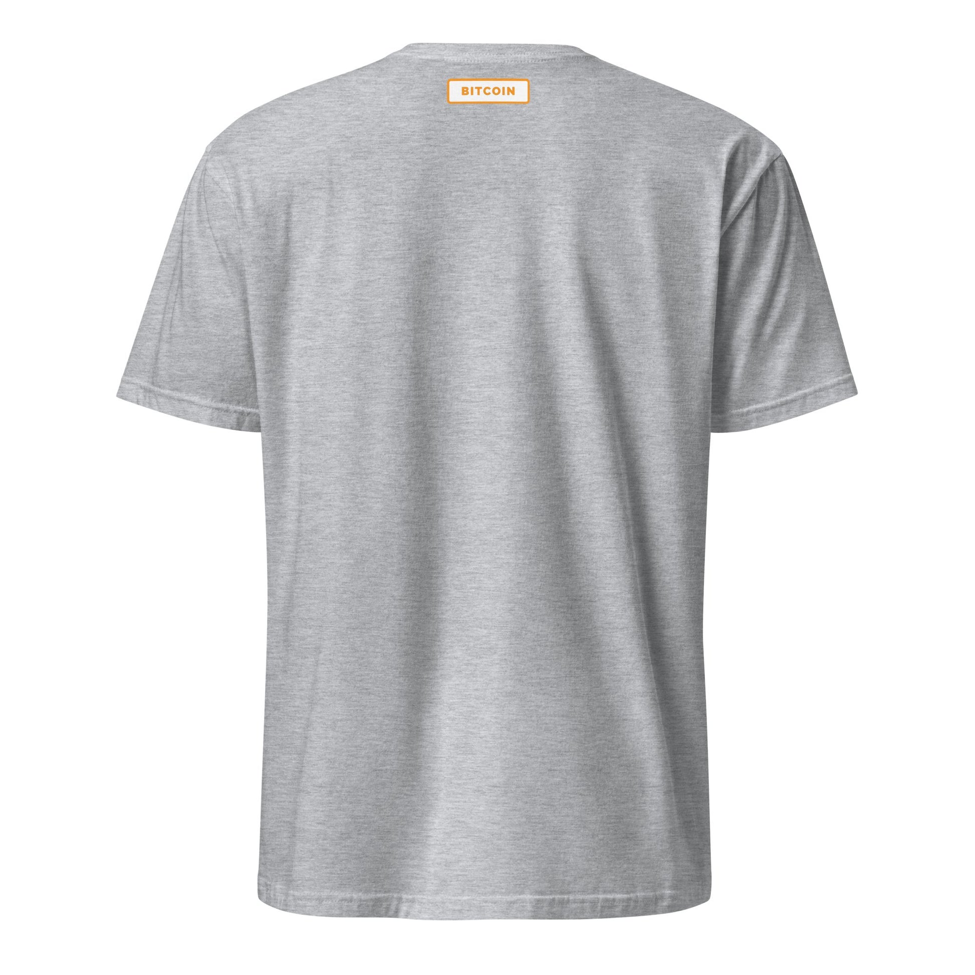 The Bitcoin Australia T-Shirt is displayed from the back, showcasing its gray color, short sleeves, and casual fit. Near the neckline at the upper center, a small orange rectangle highlights "BITCOIN" in white text. The shirt maintains a simple and unembellished design, exuding an effortlessly cool vibe that reflects Brisbane's laid-back style.