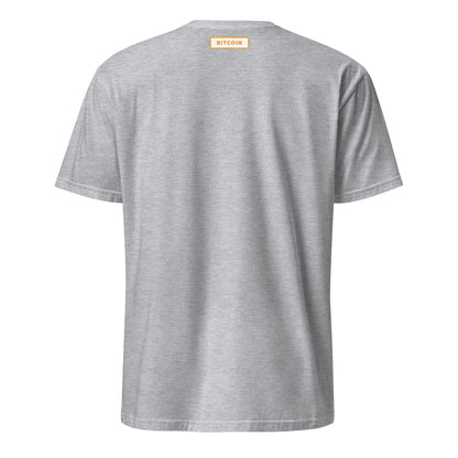 The Bitcoin Australia T-Shirt is displayed from the back, showcasing its gray color, short sleeves, and casual fit. Near the neckline at the upper center, a small orange rectangle highlights "BITCOIN" in white text. The shirt maintains a simple and unembellished design, exuding an effortlessly cool vibe that reflects Brisbane's laid-back style.