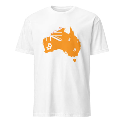 The Bitcoin Australia T-Shirt features an orange silhouette of Australia decorated with Bitcoin symbols and a partial Australian flag design. The striking image stands out against the plain white background, paying tribute to lively cities such as Sydney and Melbourne while highlighting the theme of digital currency.