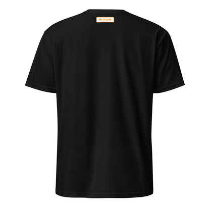 The Bitcoin Australia T-Shirt, presented from the back, highlights a small orange rectangular label at the top center with "BITCOIN" boldly written in white letters. This black short-sleeve shirt is otherwise plain and free of extra adornments, offering a fashionable homage to Australia's tech-savvy community.