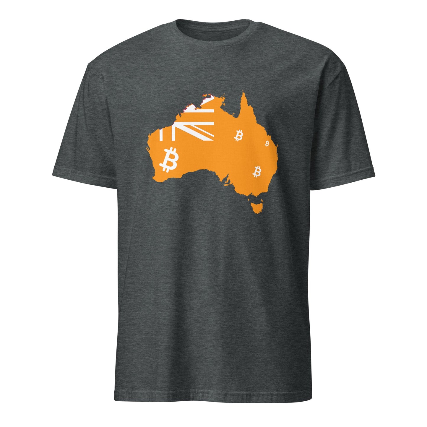 A Bitcoin Australia T-Shirt in dark gray features an orange outline of the Australian continent, adorned with the British flag in the upper left corner, along with Bitcoin symbols representing cities such as Sydney and Melbourne.