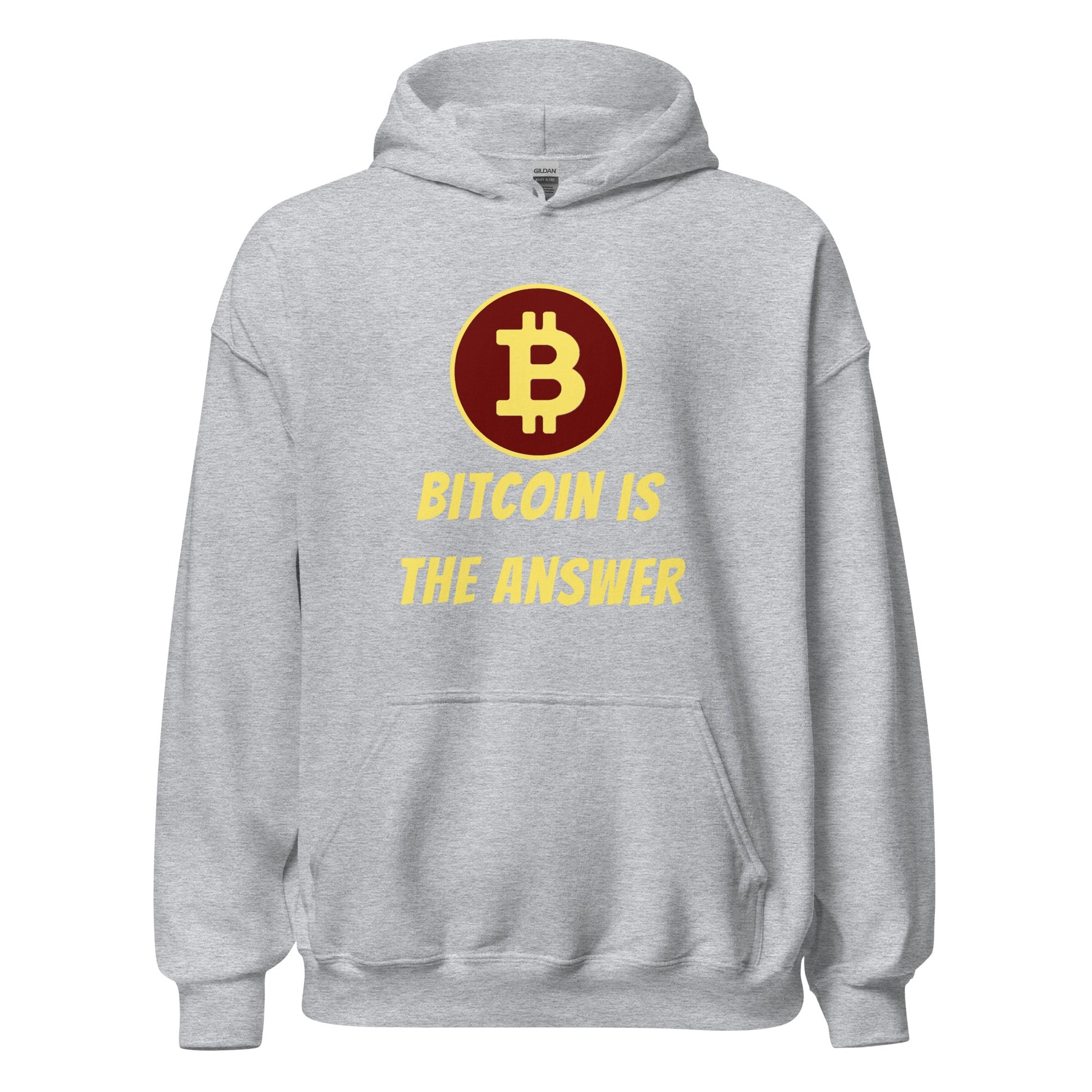 Cryptocurrency clothing: UTXO Dreams' "Bitcoin is the Answer" Hoodie, a gray hoodie with the bitcoin logo and slogan printed on the front.