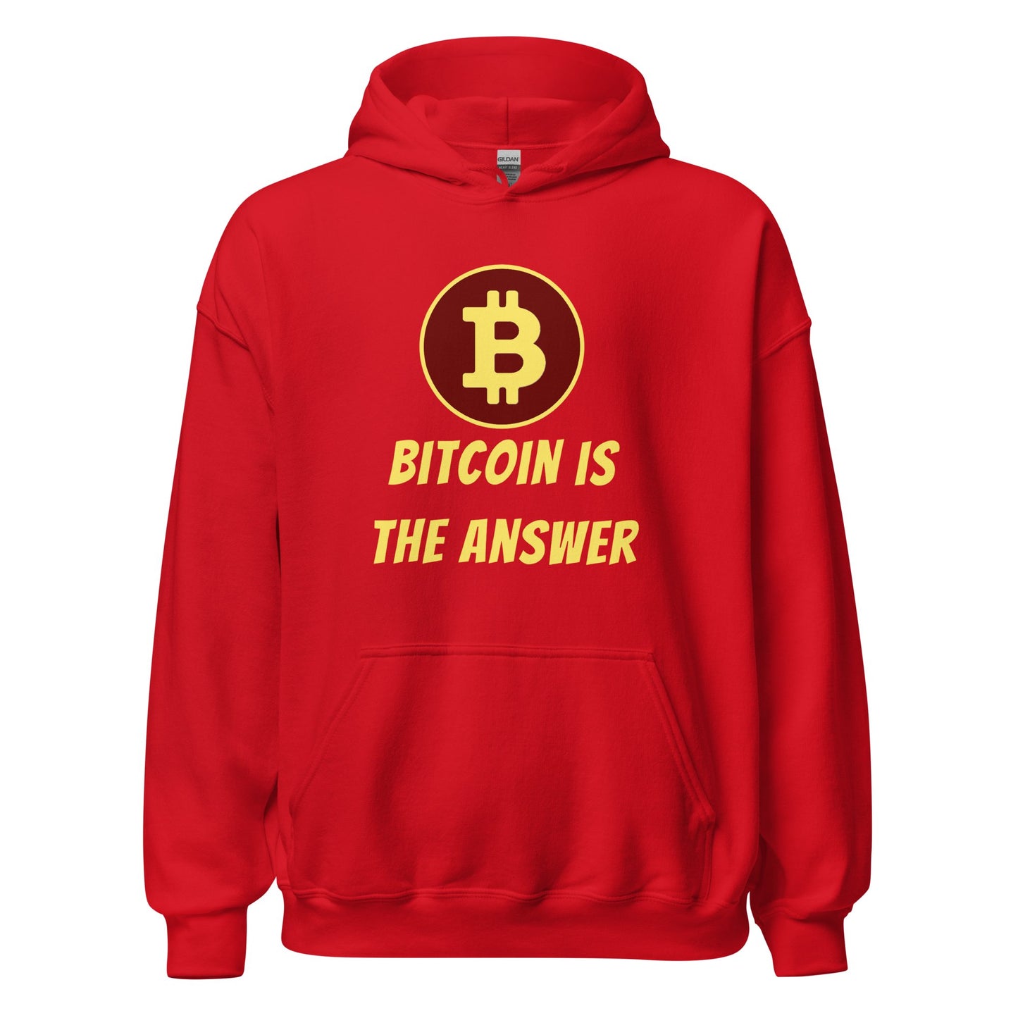 Red Bitcoin Is the Answer Hoodie with a bold bitcoin logo and the phrase "bitcoin is the answer" printed on the front, embodying cryptocurrency clothing from UTXO Dreams.