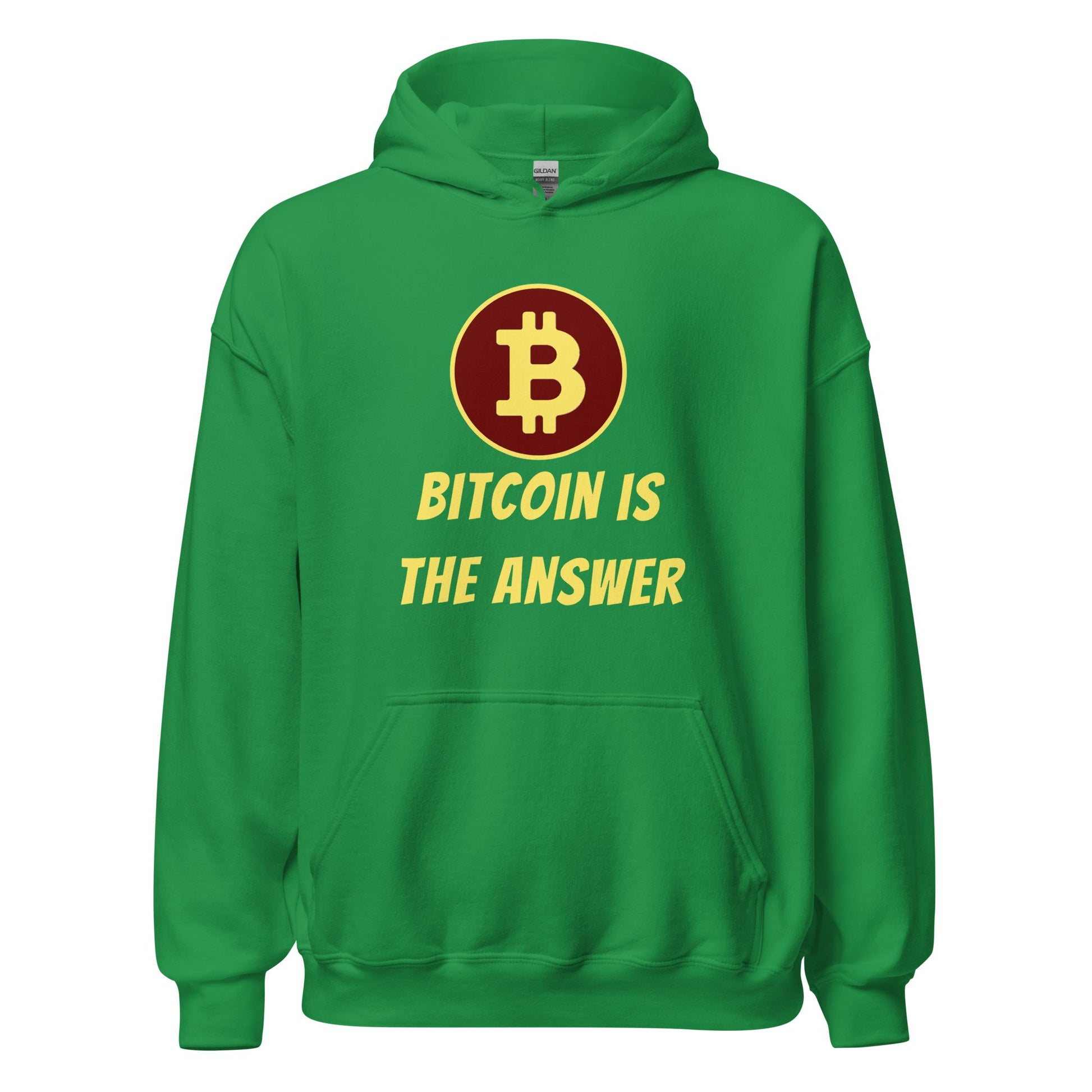 A green Bitcoin is the Answer Hoodie with a Bitcoin logo on the chest area and the phrase "bitcoin is the answer" printed below it by UTXO Dreams.