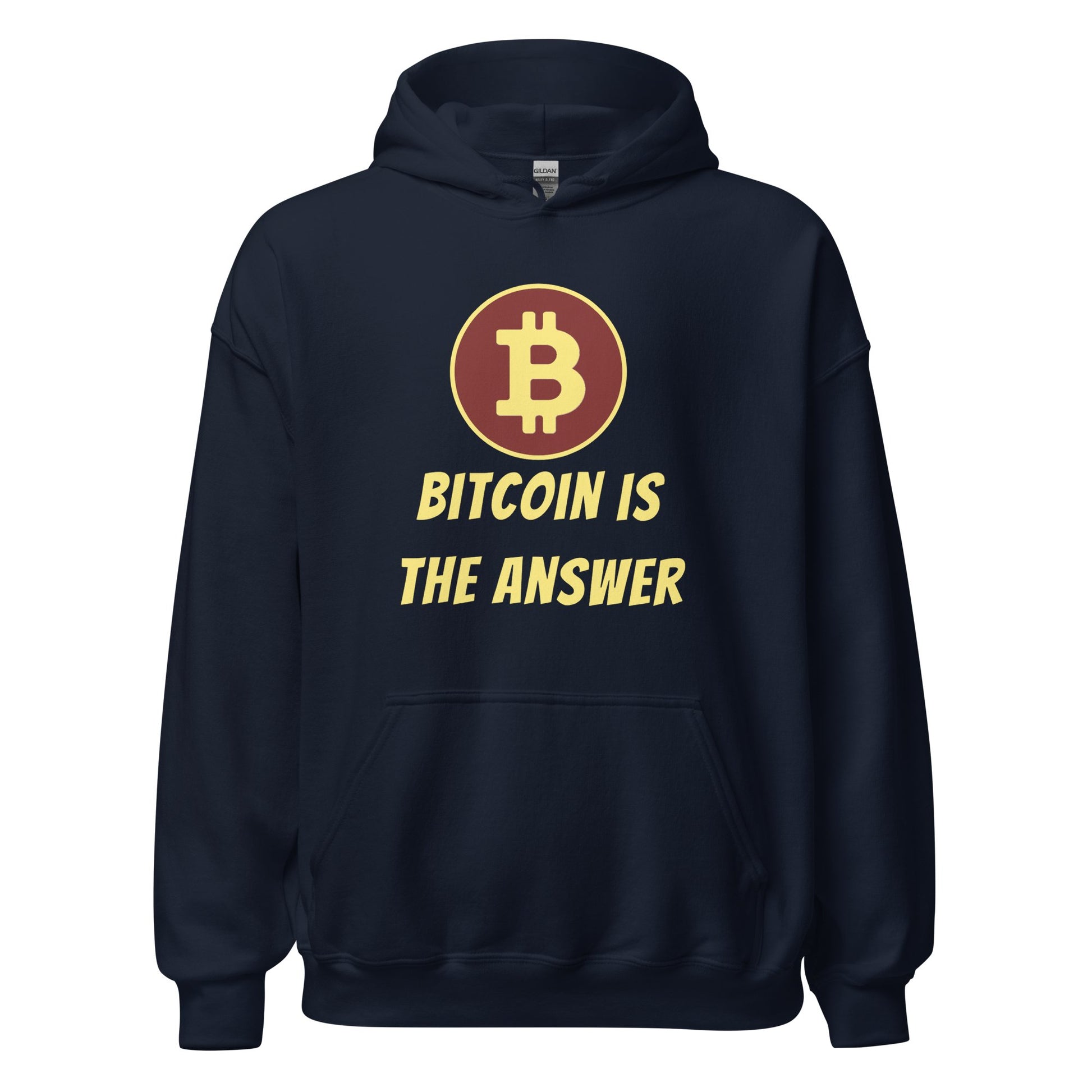 A navy blue Bitcoin is the Answer Hoodie by UTXO Dreams with a Bitcoin logo printed on the front.