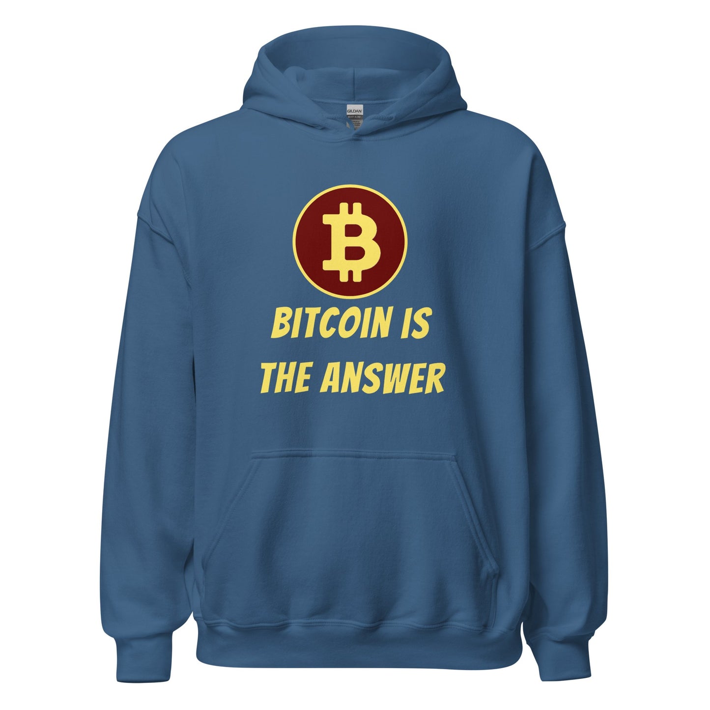 A blue UTXO Dreams Bitcoin is the Answer Hoodie with a bitcoin logo in the center and the slogan "bitcoin is the answer" printed below it.