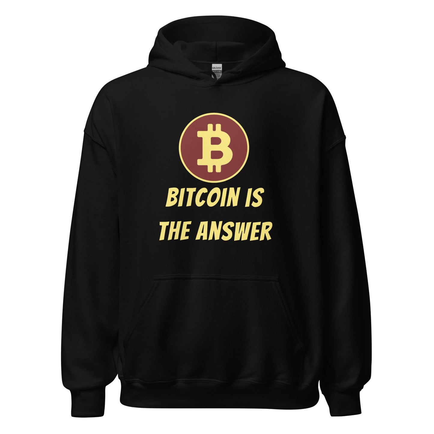 A black Bitcoin is the Answer Hoodie with a Bitcoin logo and the phrase "bitcoin is the answer" printed in bold yellow letters by UTXO Dreams.