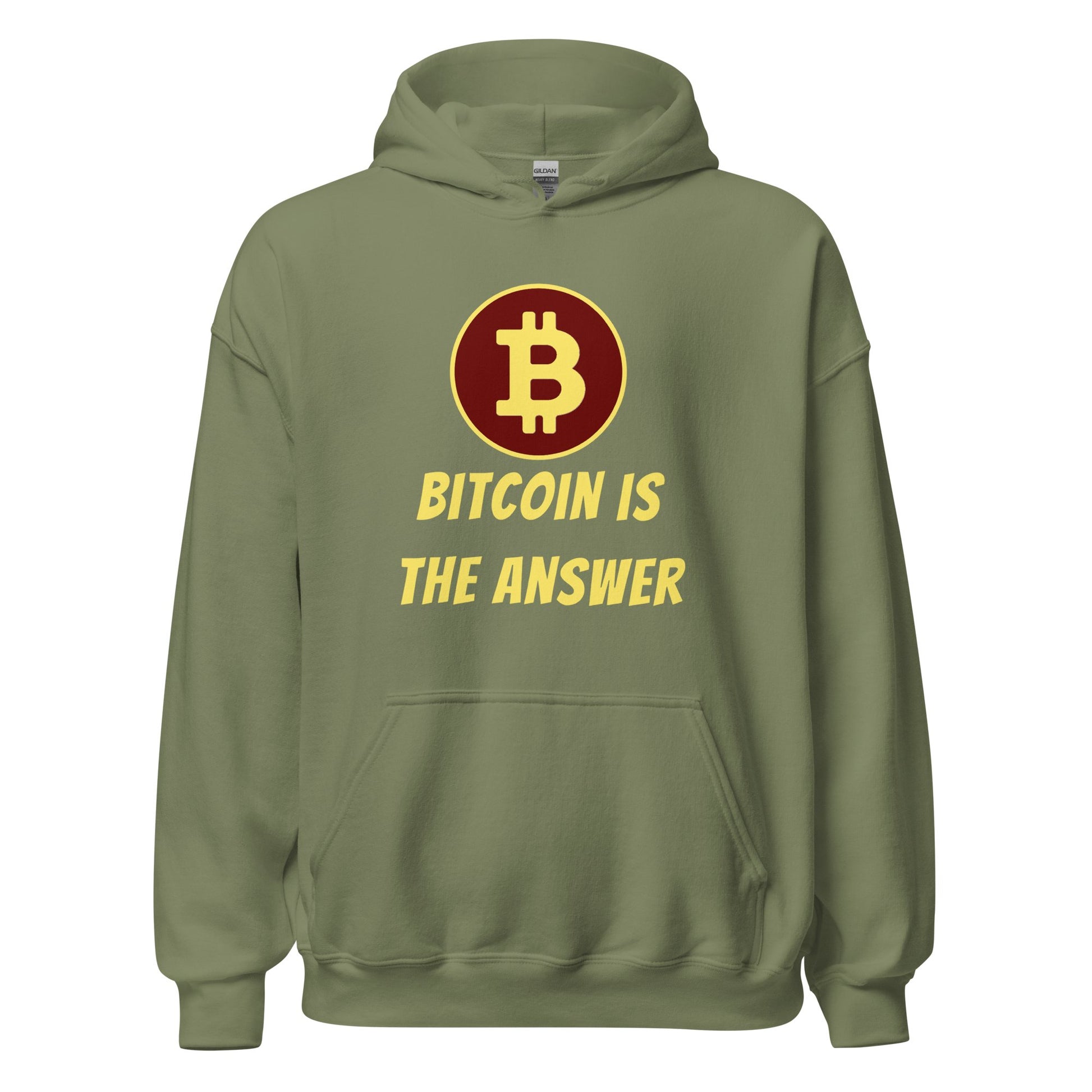 Olive green Bitcoin is the Answer Hoodie with the phrase "bitcoin is the answer" printed on the front by UTXO Dreams.