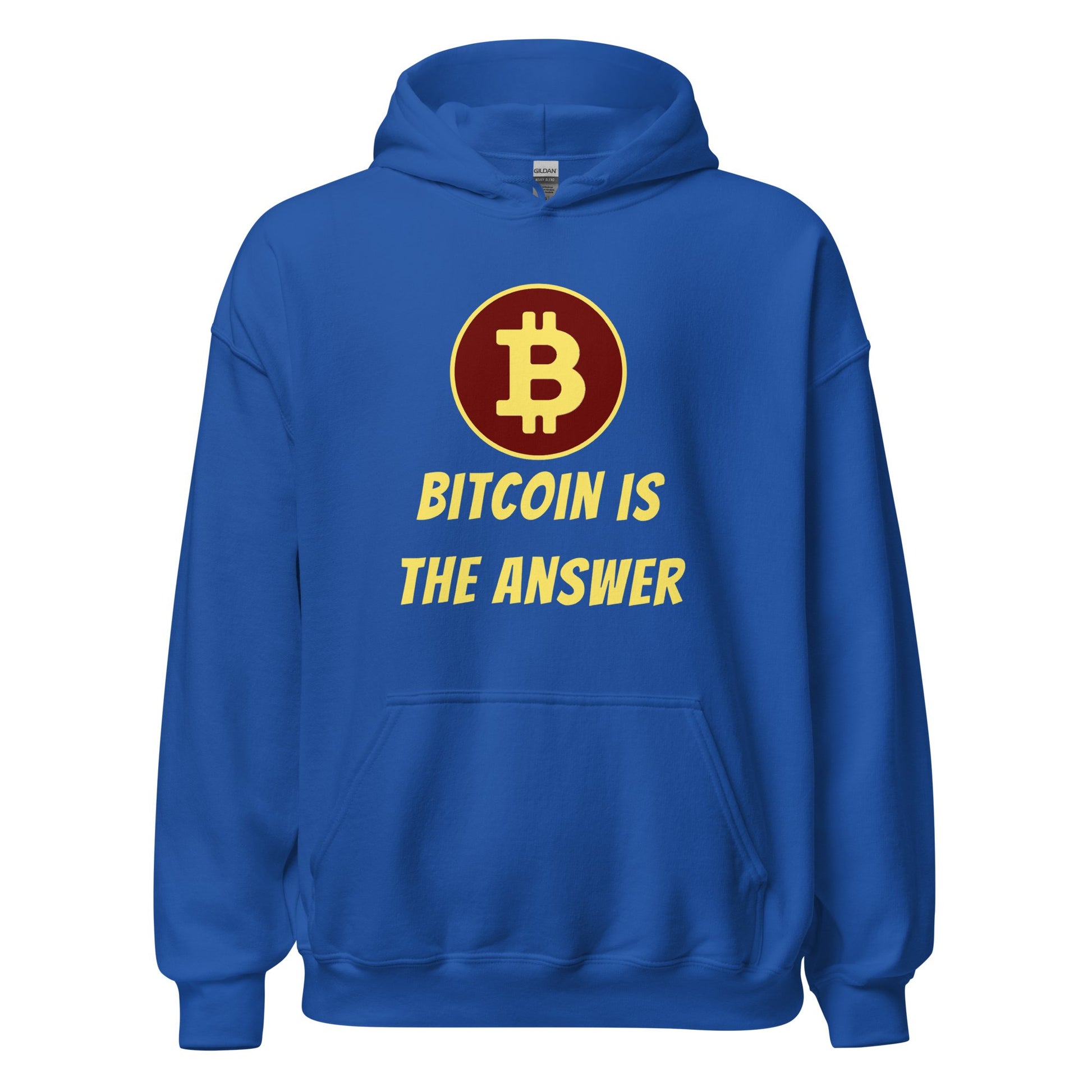 Blue Bitcoin is the Answer Hoodie by UTXO Dreams, a trendy piece of cryptocurrency clothing.