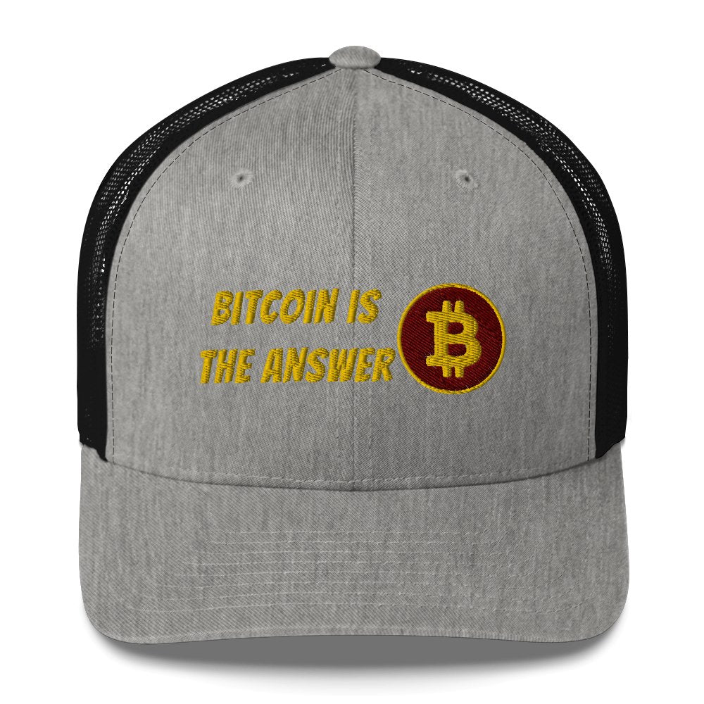 A gray and black UTXO Dreams Bitcoin is the Answer trucker cap embroidered with the phrase "bitcoin is the answer" and a bitcoin symbol on the front.