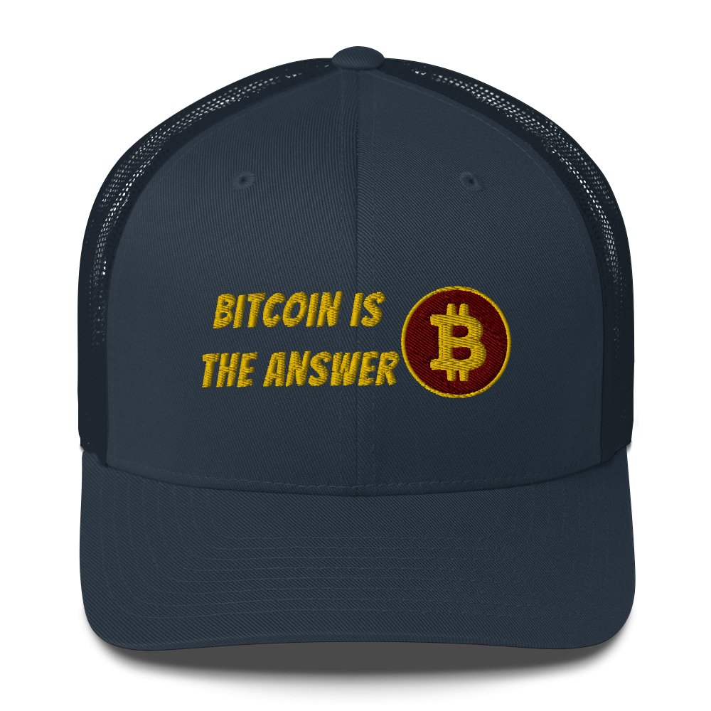 Navy blue UTXO Dreams Bitcoin is the Answer trucker cap with gold embroidery reading "bitcoin is the answer" above a bitcoin symbol.