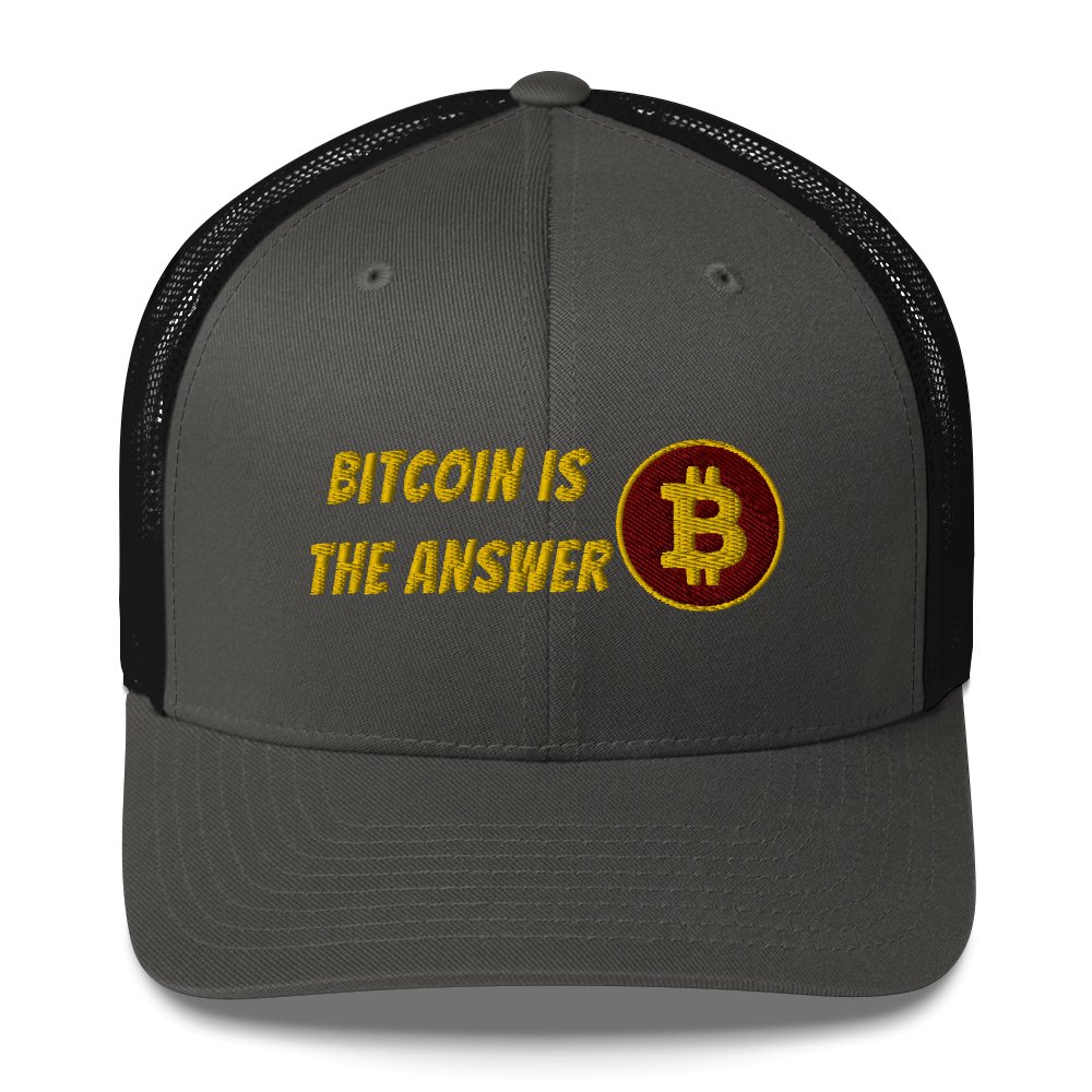 Black and gray Bitcoin trucker cap with "Bitcoin is the Answer" embroidered in yellow, alongside the Bitcoin symbol from UTXO Dreams.