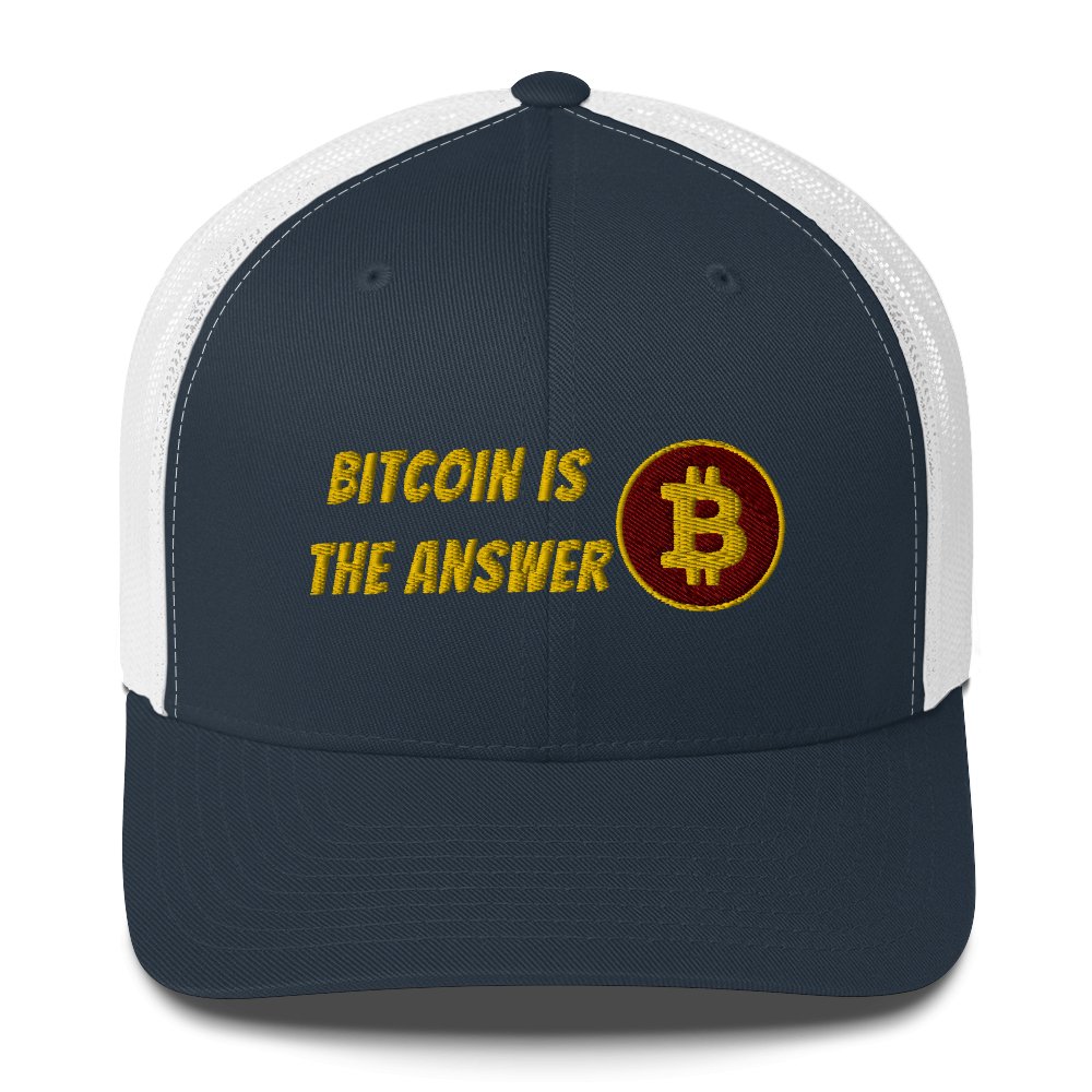 A two-tone UTXO Dreams Bitcoin is the Answer Trucker Cap with mesh backing, featuring the slogan "bitcoin is the answer" stitched above a golden bitcoin symbol on the front panel.