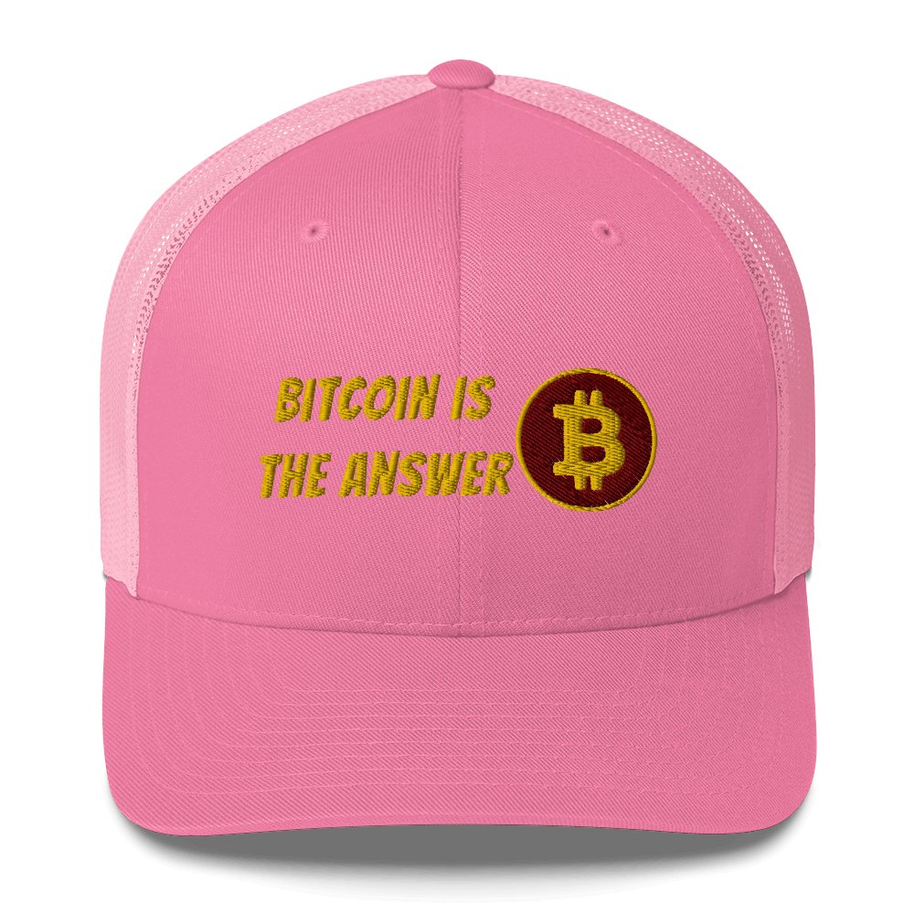 A pink UTXO Dreams Bitcoin is the Answer trucker cap with the slogan "bitcoin is the answer" embroidered above a golden bitcoin symbol.