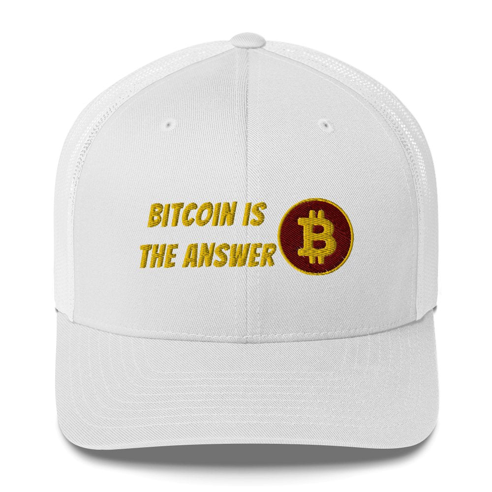 A white UTXO Dreams Bitcoin trucker cap embroidered with the phrase "Bitcoin is the answer" and a golden bitcoin logo on the front.