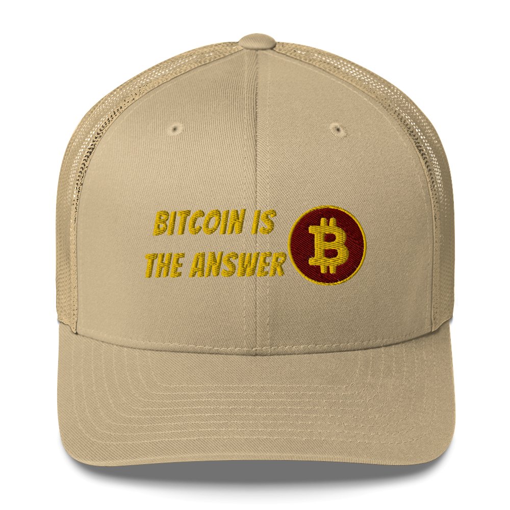 A beige Bitcoin trucker cap from UTXO Dreams with the text "Bitcoin is the Answer" embroidered on the front along with a golden bitcoin logo.