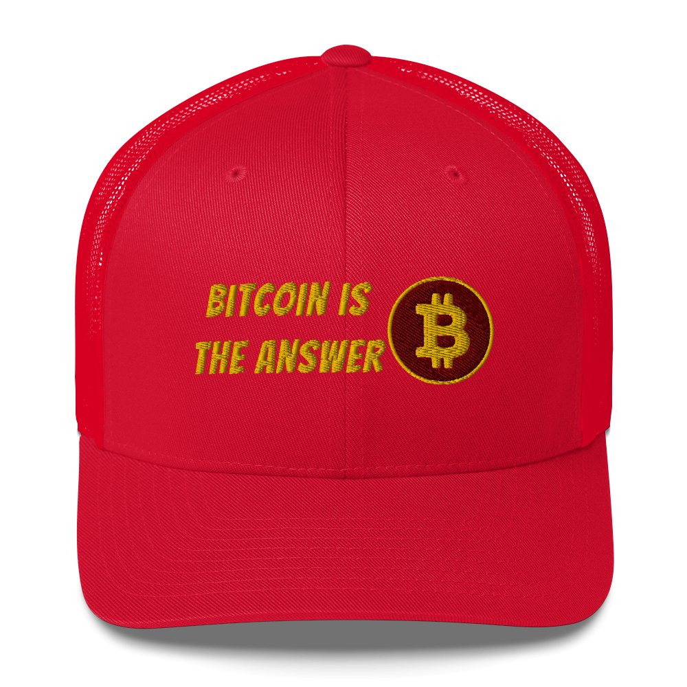 UTXO Dreams red Bitcoin is the Answer Trucker Cap with a bitcoin logo embroidered in gold.