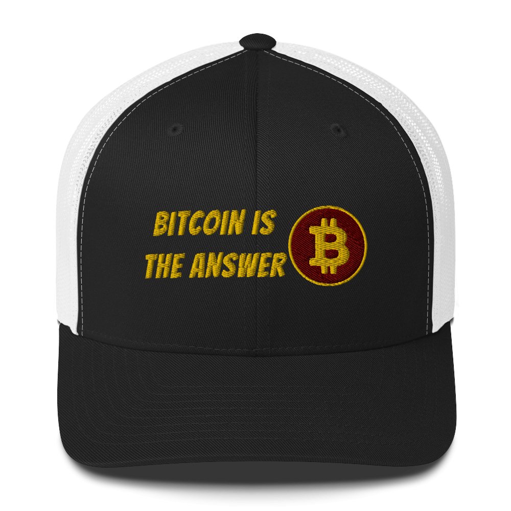 Black and white Bitcoin is the Answer trucker cap with the phrase "UTXO Dreams" and a bitcoin symbol embroidered in gold.