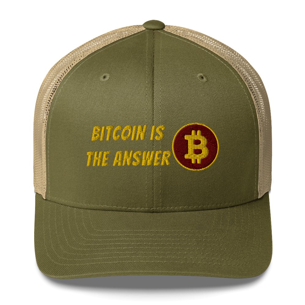 Olive green and beige UTXO Dreams Bitcoin is the Answer trucker cap with the phrase "Bitcoin is the answer" next to a Bitcoin symbol embroidered on the front.