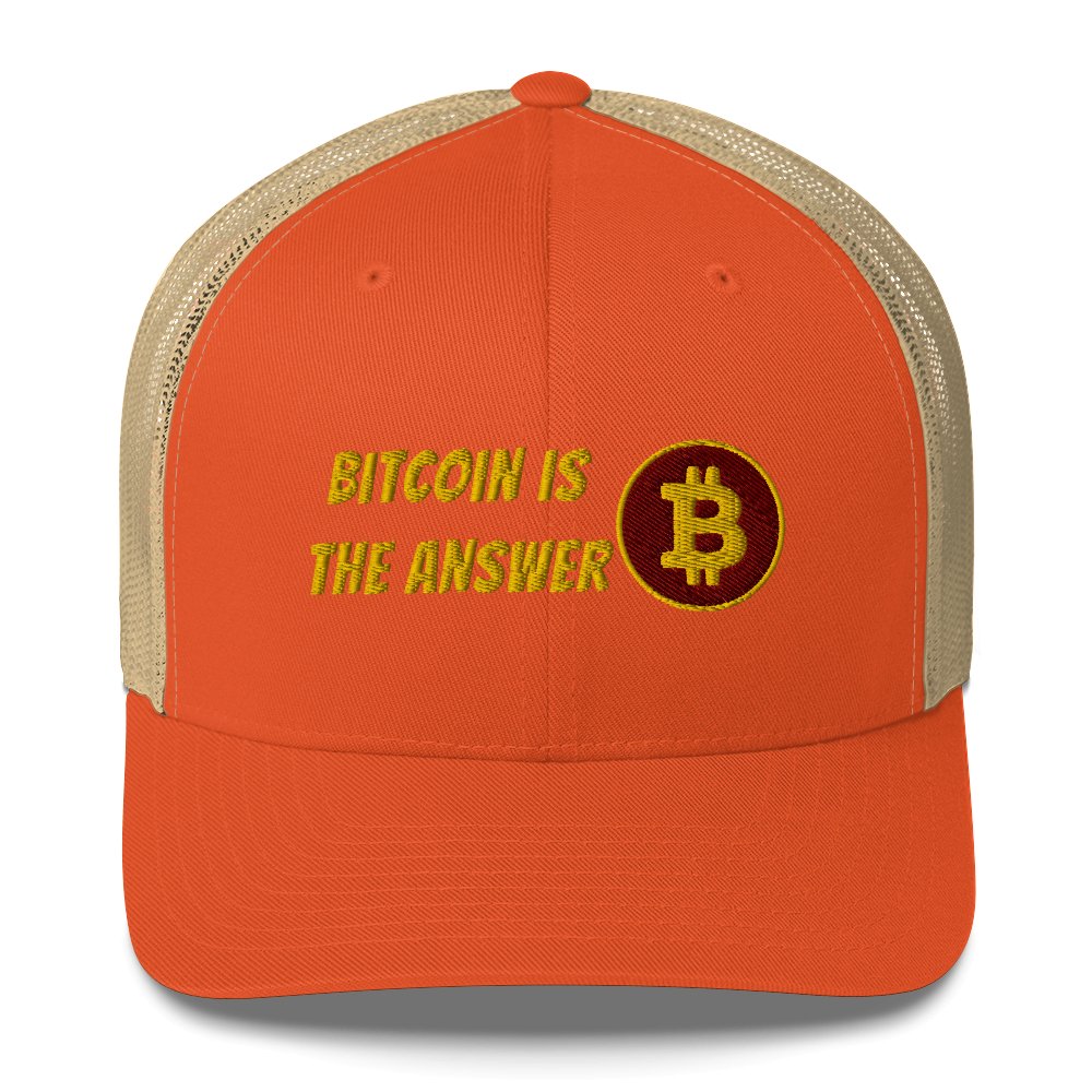 An orange and beige UTXO Dreams Bitcoin trucker cap with the phrase "bitcoin is the answer" embroidered in front, accompanied by the bitcoin symbol.