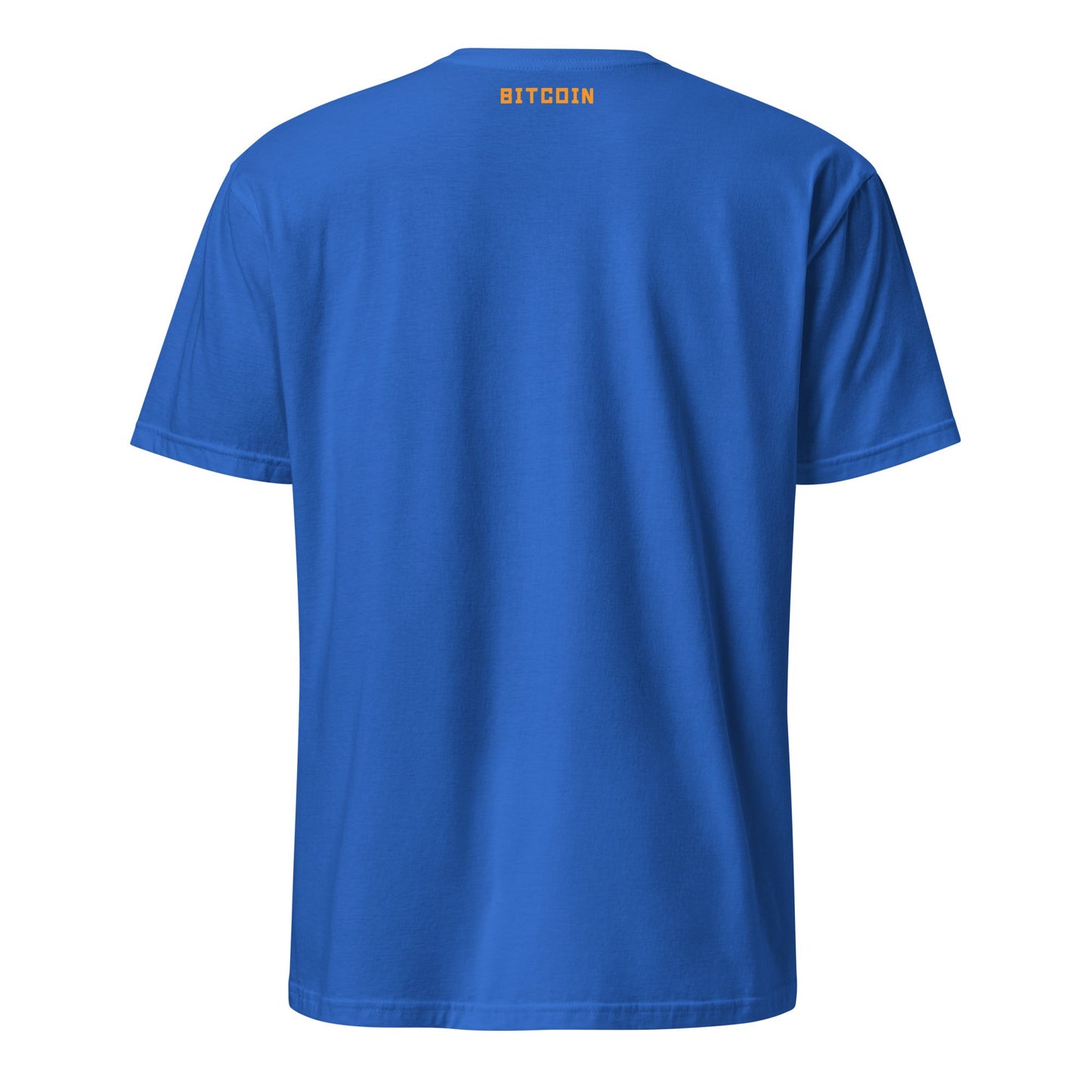 A blue Bitcoin on Fire Tee with "BITCOIN" finely printed in small yellow letters across the upper back, ideal for a visit to Brisbane. The tee is minimalist with a crew neck and short sleeves, made from soft and comfortable fabric.