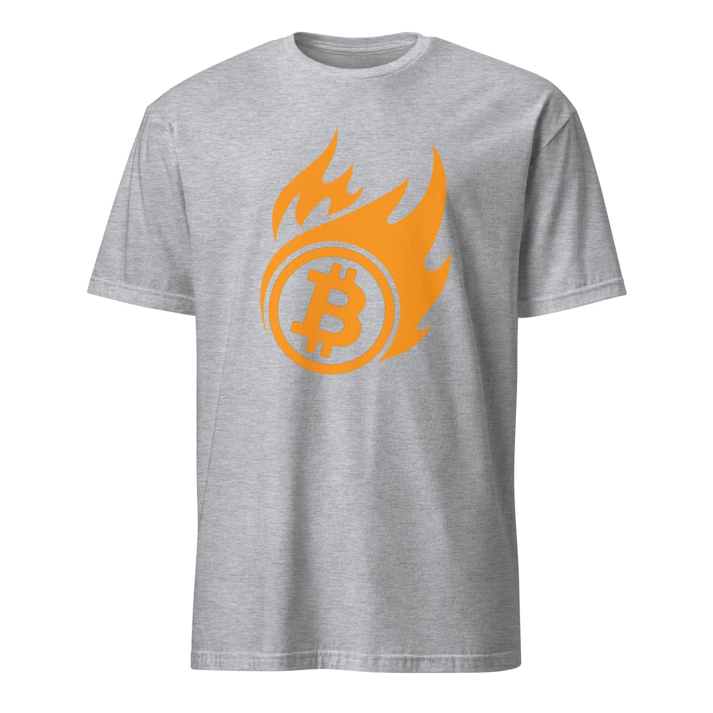 The Bitcoin on Fire Tee is a gray T-shirt featuring a bold orange Bitcoin symbol encircled by stylized flames prominently at the front center, embodying energy and modernity. The vibrant design creates an eye-catching contrast against the neutral gray fabric, making it perfect for Bitcoin enthusiasts in Sydney or anywhere in Australia.