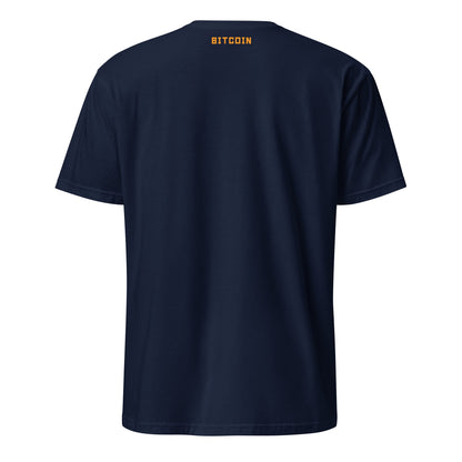 A rear view of the Bitcoin on Fire Tee reveals "BITCOIN" printed in small, bold orange letters near the neckline. This navy blue, short-sleeved shirt boasts a simple design that perfectly captures the laid-back vibe of Brisbane or any Australian city like Sydney or Melbourne.