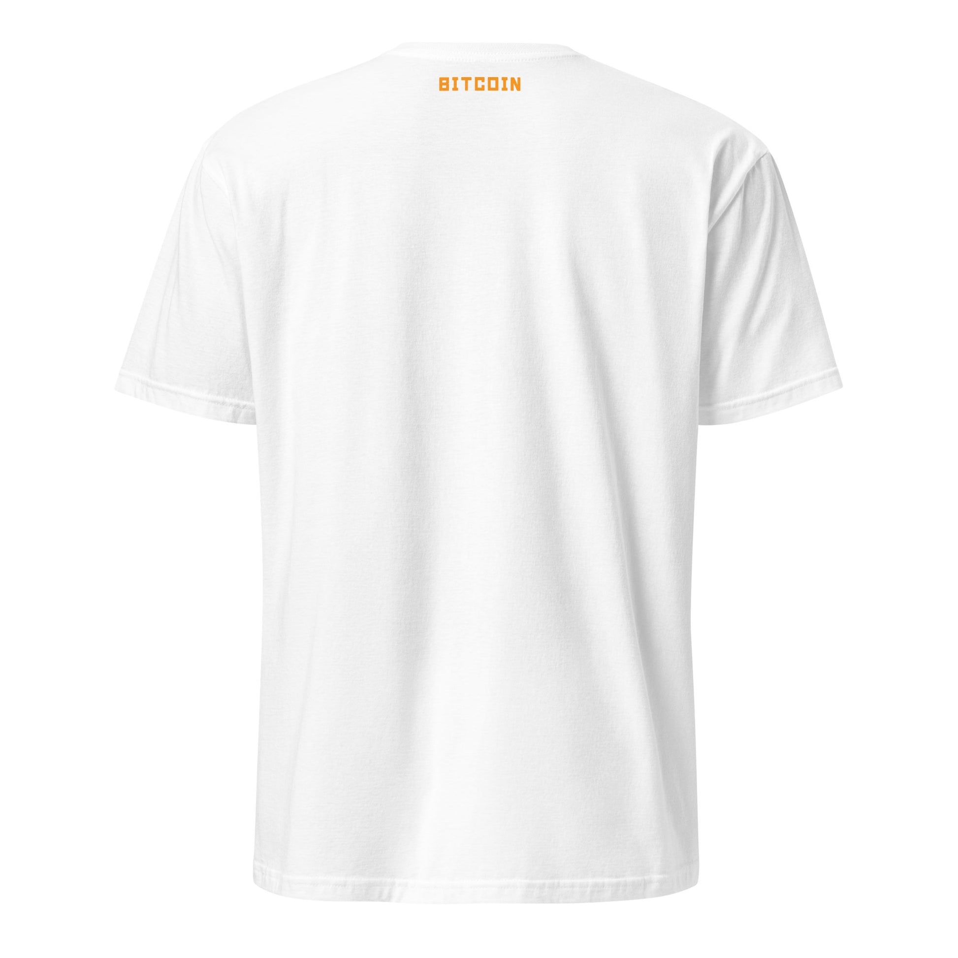 The image showcases the back of the "Bitcoin on Fire Tee," a plain white shirt with bold, orange capital letters spelling "BITCOIN" near the neckline. The tee has short sleeves and a simple design, capturing the casual style typical in cities such as Sydney or Melbourne.