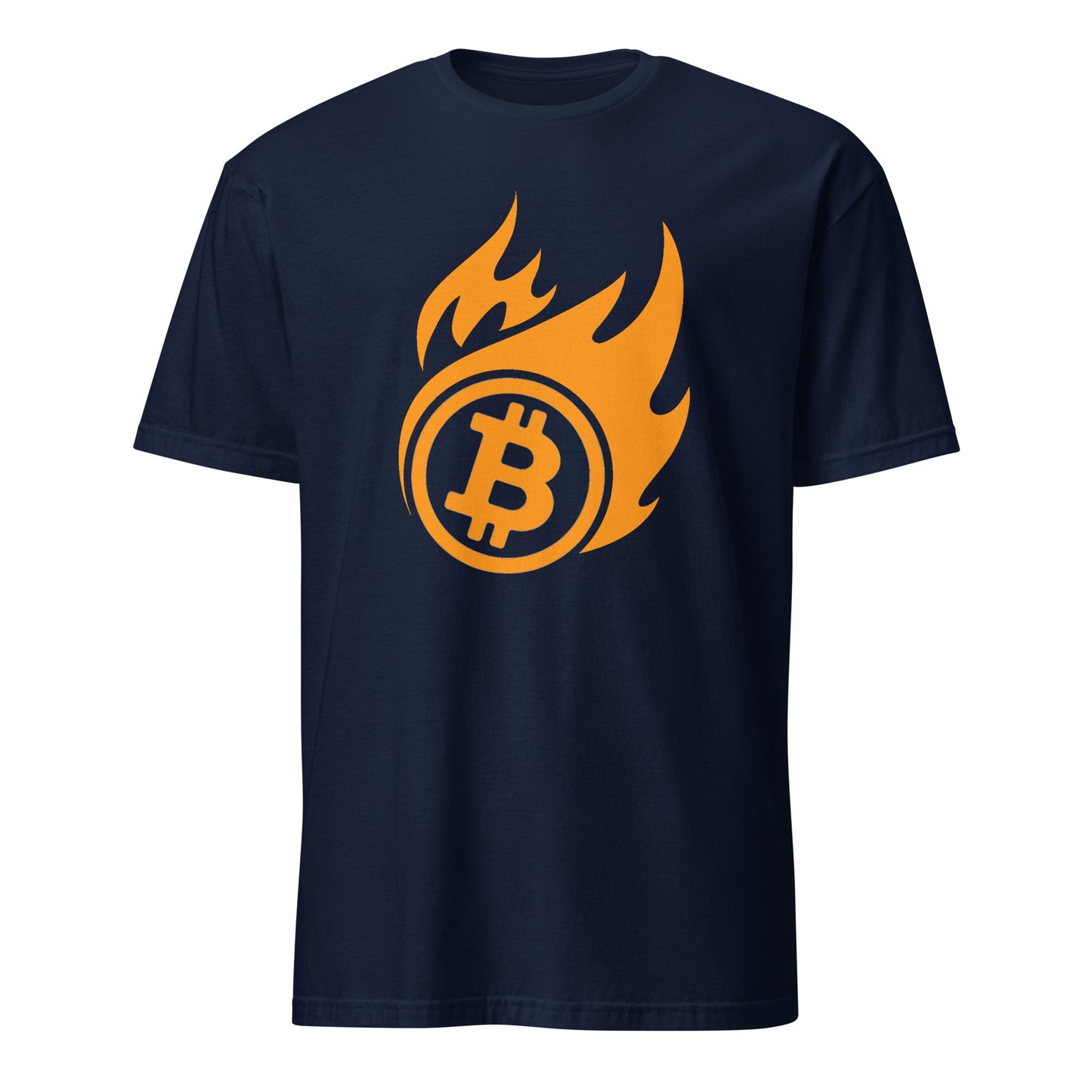 The Bitcoin on Fire Tee, featuring a navy blue design with an orange Bitcoin symbol surrounded by stylized flames at its center, exudes a dynamic and energetic vibe. It's perfect for making a bold statement, whether you're strolling through the streets of Sydney or soaking up Brisbane's lively atmosphere.