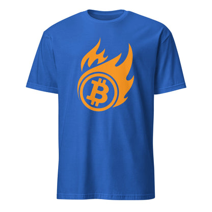 The "Bitcoin on Fire Tee" features a blue t-shirt with an orange Bitcoin symbol encircled by flames, prominently displayed in the center. The bold design stands out against the fabric, making it an ideal choice for sunny days in Sydney or Melbourne. It is showcased against a plain white background.