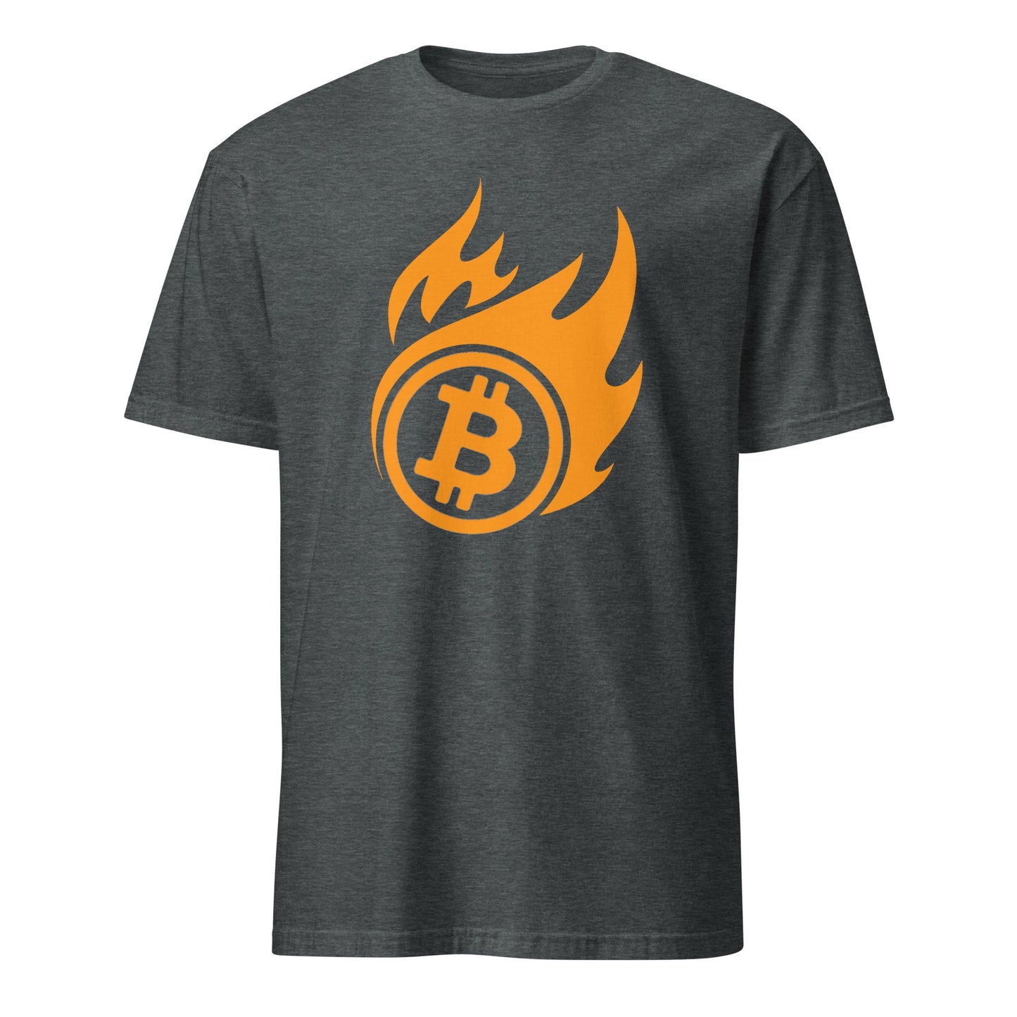 Introducing the "Bitcoin on Fire Tee" - a dark gray T-shirt showcasing an orange Bitcoin logo surrounded by stylized flames. Ideal for enthusiasts in Sydney or Brisbane, this shirt is presented against a plain white background, highlighting its short sleeves and round neck design.