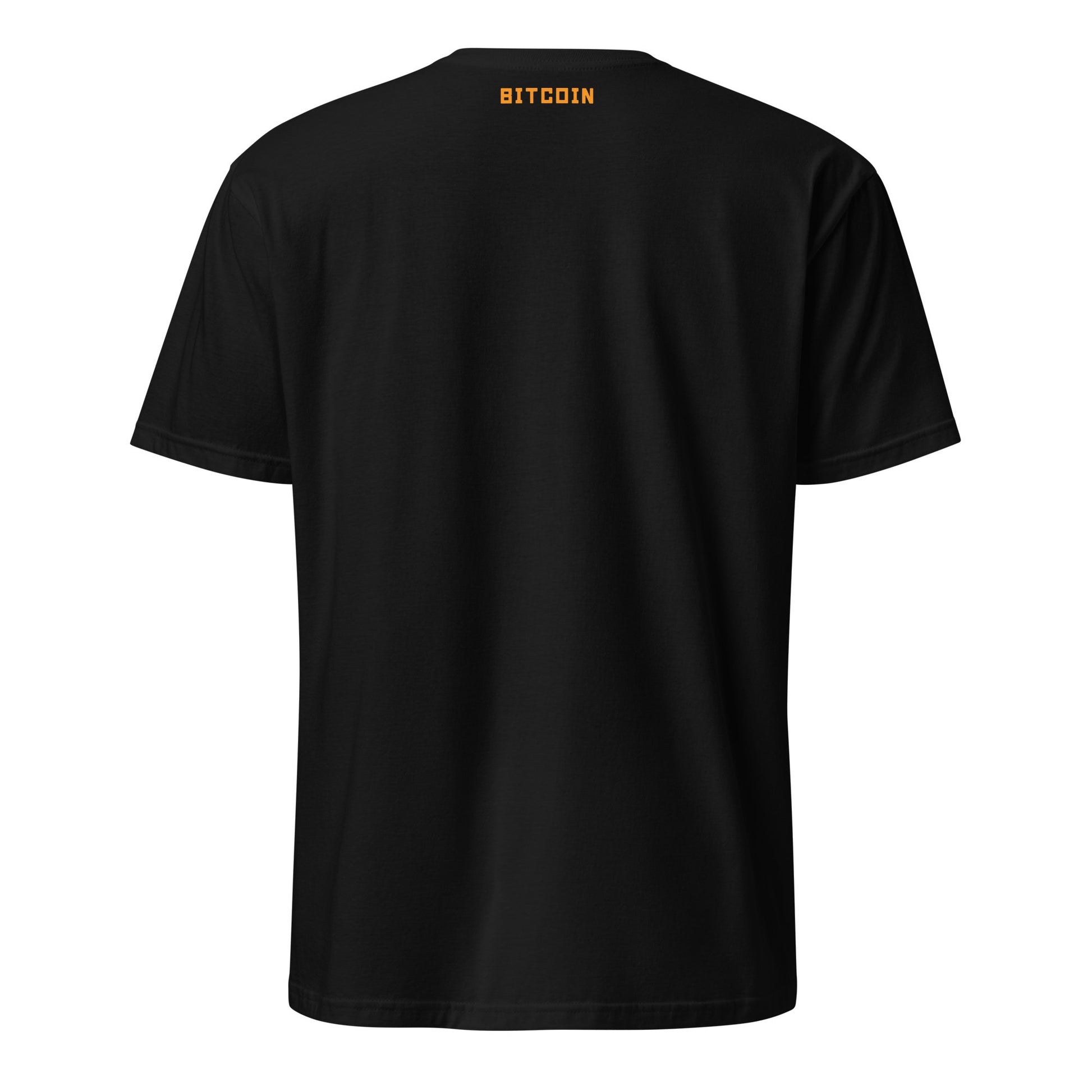 The image displays the Bitcoin on Fire Tee, a black t-shirt featuring "BITCOIN" printed in small yellow capital letters at the upper center of the back. When laid flat, the shirt's material looks soft and smooth, with short sleeves and a round neckline—perfect for anyone looking to stand out while exploring Sydney or Melbourne.