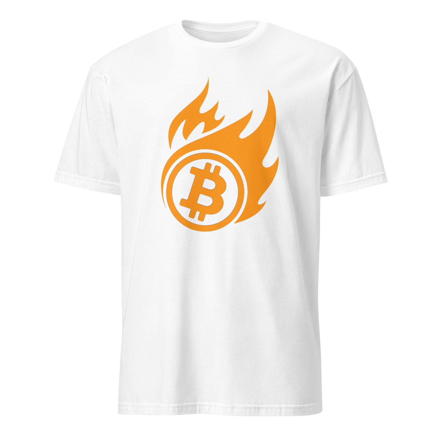 Introducing the "Bitcoin on Fire Tee": a striking white T-shirt featuring a prominent fiery orange Bitcoin logo at the center of the chest, complete with rising flames. This vibrant design expertly combines cryptocurrency themes with energetic flair, making it an ideal choice for Bitcoin enthusiasts in Sydney and throughout Australia.