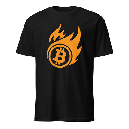 Bitcoin on Fire Tee: A black t-shirt showcasing a vibrant orange flaming Bitcoin symbol on the front. The design artfully merges the cryptocurrency logo with stylized flames, making it bold and eye-catching. Ideal for Bitcoin enthusiasts in Sydney or Melbourne, this tee is displayed against a plain white background.