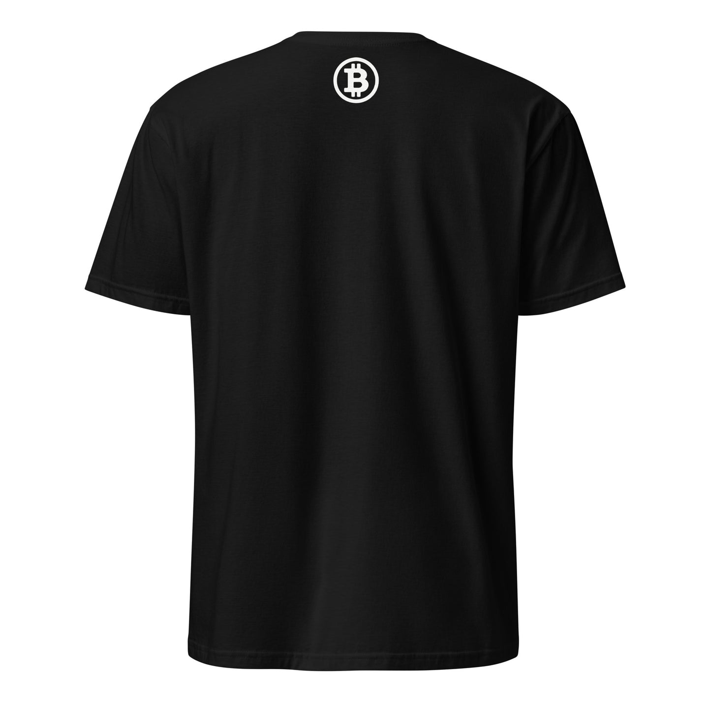 Introducing the "Eat Sleep Stack" T-Shirt: This stylish black short-sleeved shirt features a round neckline and a striking white Bitcoin logo on the upper back. It prominently displays a capital "B" with two vertical lines, enclosed within a circle—perfect for casual outings around Melbourne and Brisbane. The image highlights the back view of this trendy attire.