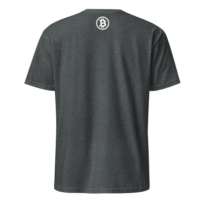 The Eat Sleep Stack T-Shirt is shown from the back, featuring a small white Bitcoin logo situated near the top center just below the neckline. This short-sleeved shirt embraces a minimalist design, offering a subtle nod to Brisbane's modern style without any extra patterns or text.