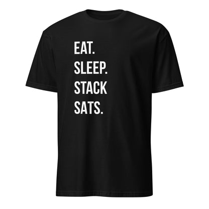 Introducing the Eat Sleep Stack T-Shirt, a sleek black tee featuring bold white text "EAT. SLEEP. STACK SATS." prominently displayed on the front. Ideal for Bitcoin enthusiasts, this T-shirt boasts short sleeves and a round neckline, set against a plain white backdrop and inspired by the lively spirit of Sydney and Melbourne, Australia.