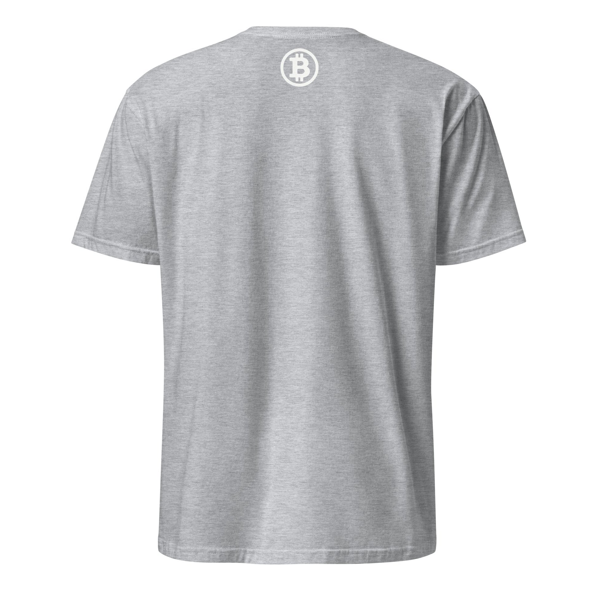 The back of the Eat Sleep Stack T-Shirt is displayed, featuring a small white Bitcoin logo near the neckline. This short-sleeved tee with its round neck embodies a simple, casual design inspired by the relaxed vibe of Sydney and Melbourne.