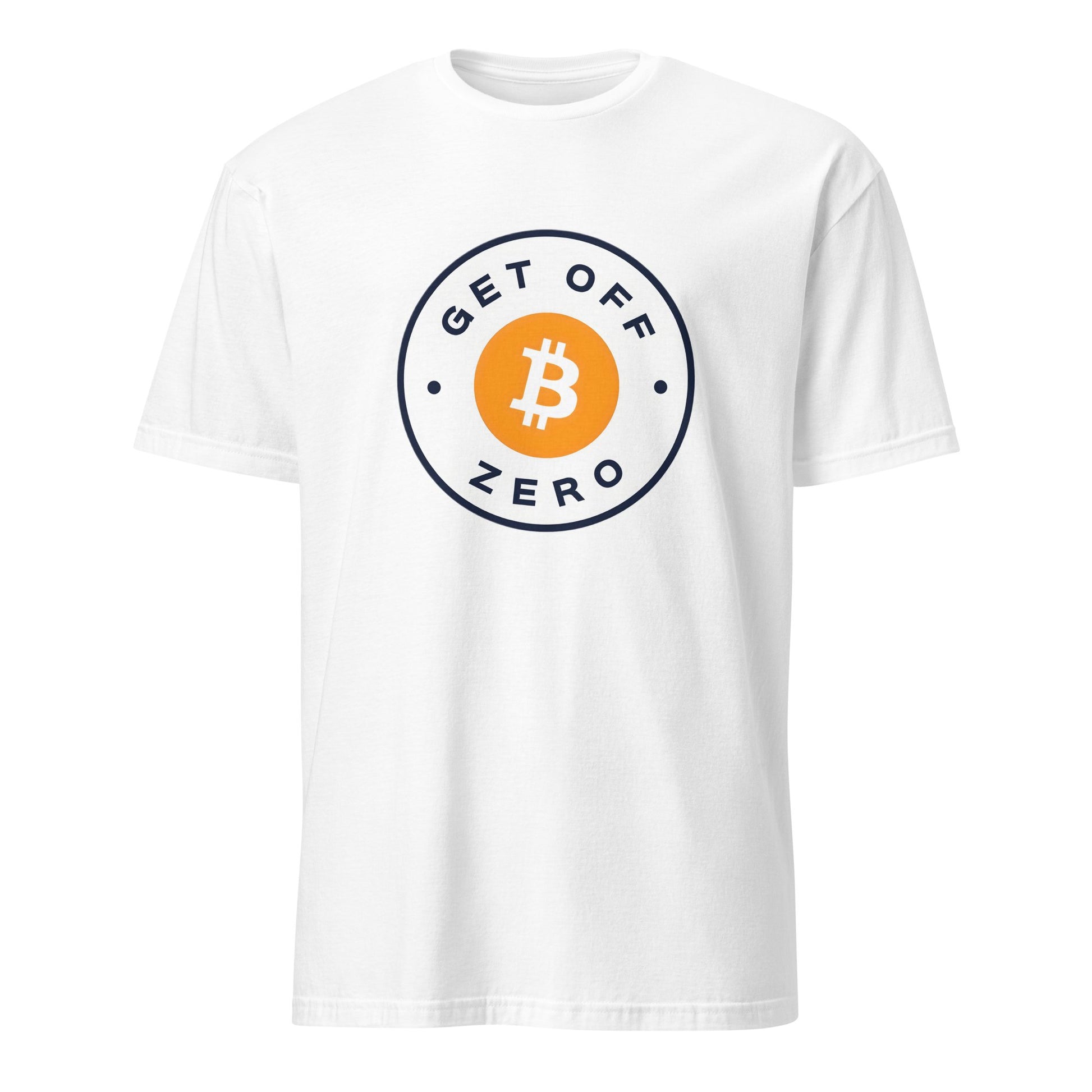 The Get Off Zero T-Shirt is a white tee showcasing a circular logo with a stylish orange Bitcoin symbol, circled by the phrase "GET OFF ZERO" in bold black letters. Its minimalist and contemporary design makes it ideal for anyone who values the financial revolution, be it in Sydney or Brisbane.