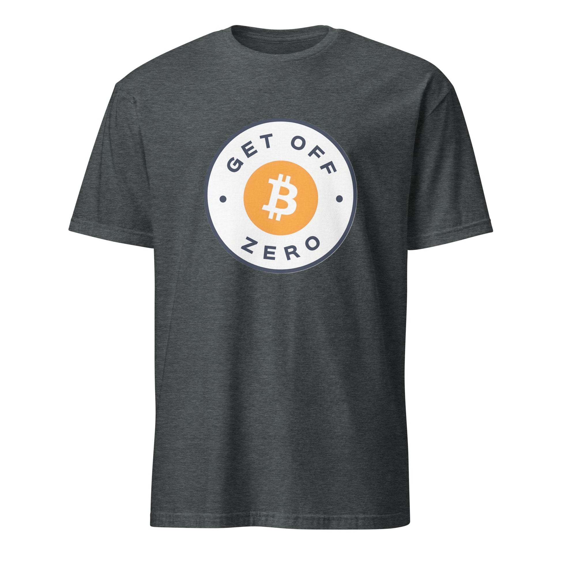 This Get Off Zero T-Shirt is a dark gray short-sleeve shirt featuring a classic crew neck. It showcases a circular design with a prominent yellow Bitcoin symbol at its center, encircled by the phrase "GET OFF ZERO" in bold, dark lettering. Ideal for expressing your Bitcoin enthusiasm from Sydney to Brisbane.